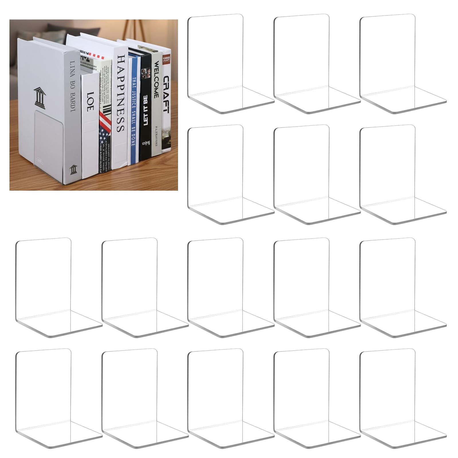 Kifmurase 16Pcs Bookends, Clear Acrylic Bookends for Shelves, Transparent