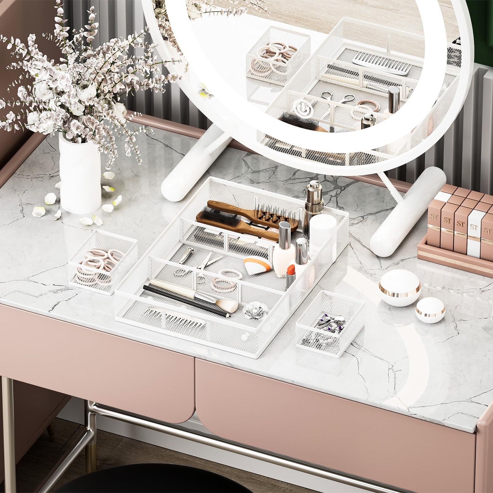 3 PCS White Desk Drawer Organizer Tray 9 Adjustable Compartments Vanity