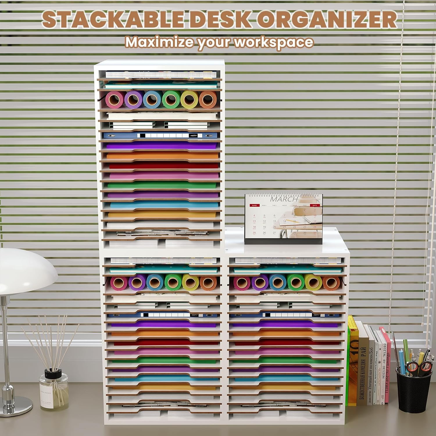 12X12 Scrapbook Paper Storage Organizer Wood, 18 Tier Desk File Organizer with H