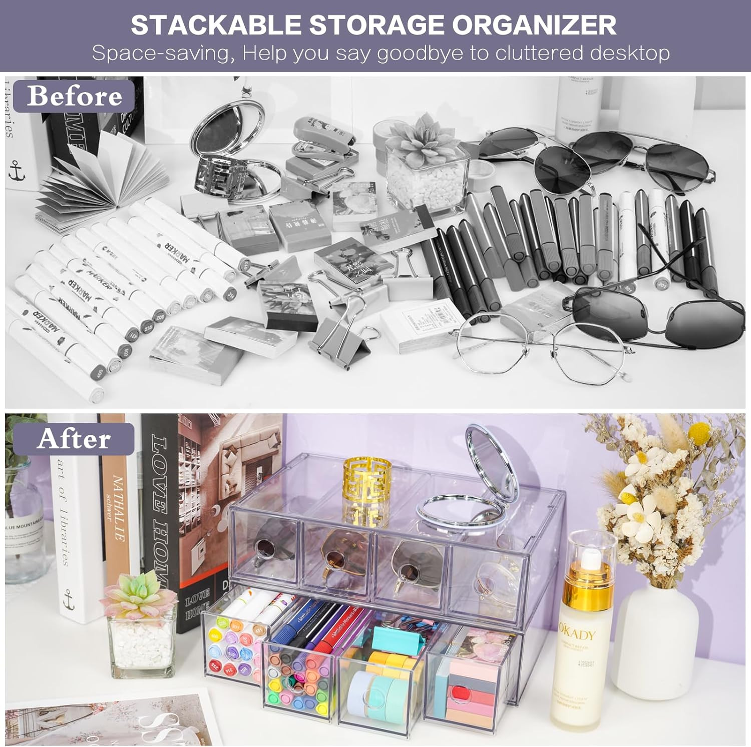 Desk Organizer with 4 Drawers, Stackable Desktop Storage Box with Removable Dra
