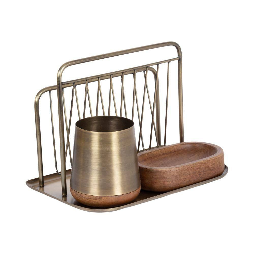 Koni Walnut Brown/Gold Rectangle Metal Desk Organizer