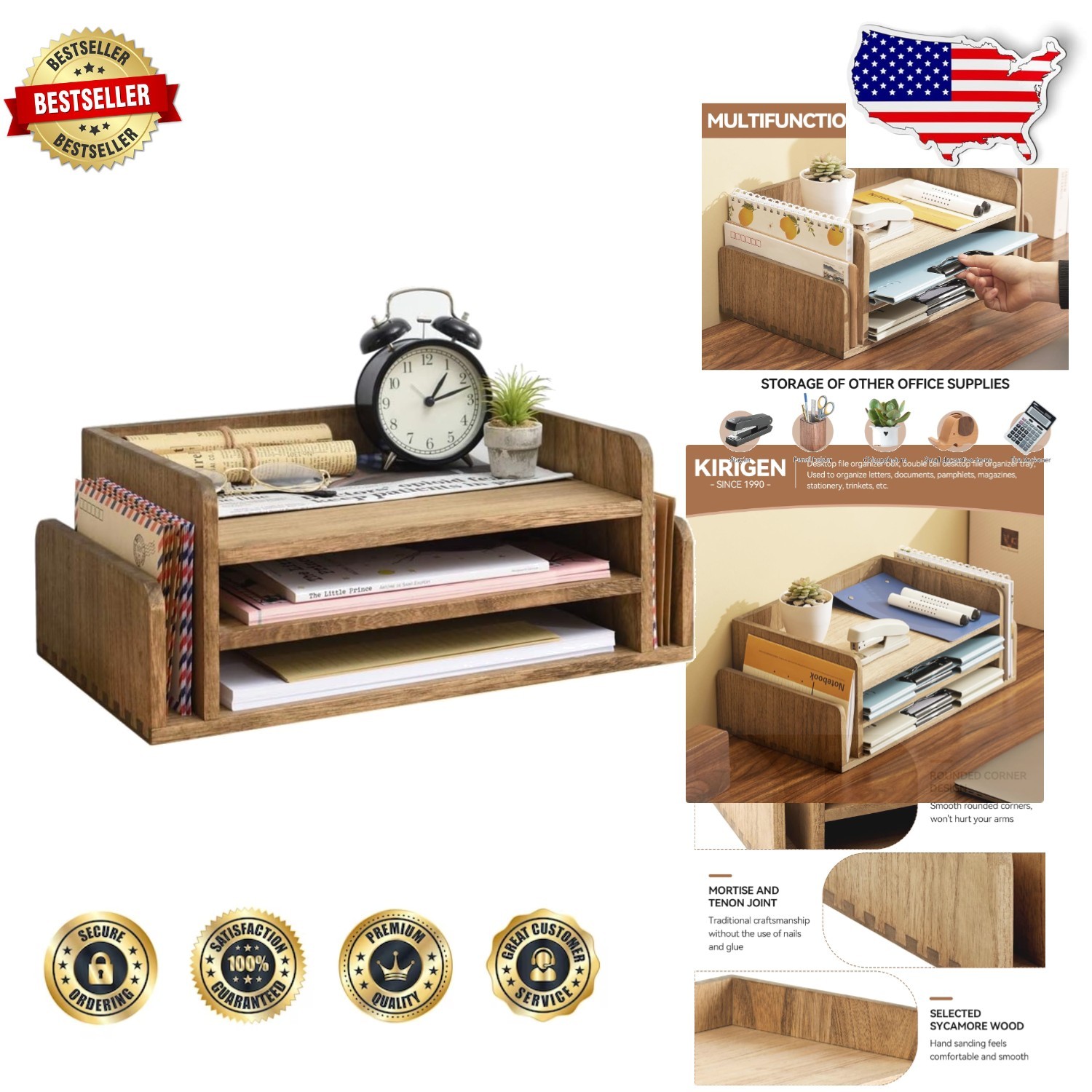 Assembled Wood Desk Organizer, 5 Trays, 3-Tier Letter Holder, Dark Brown, Office