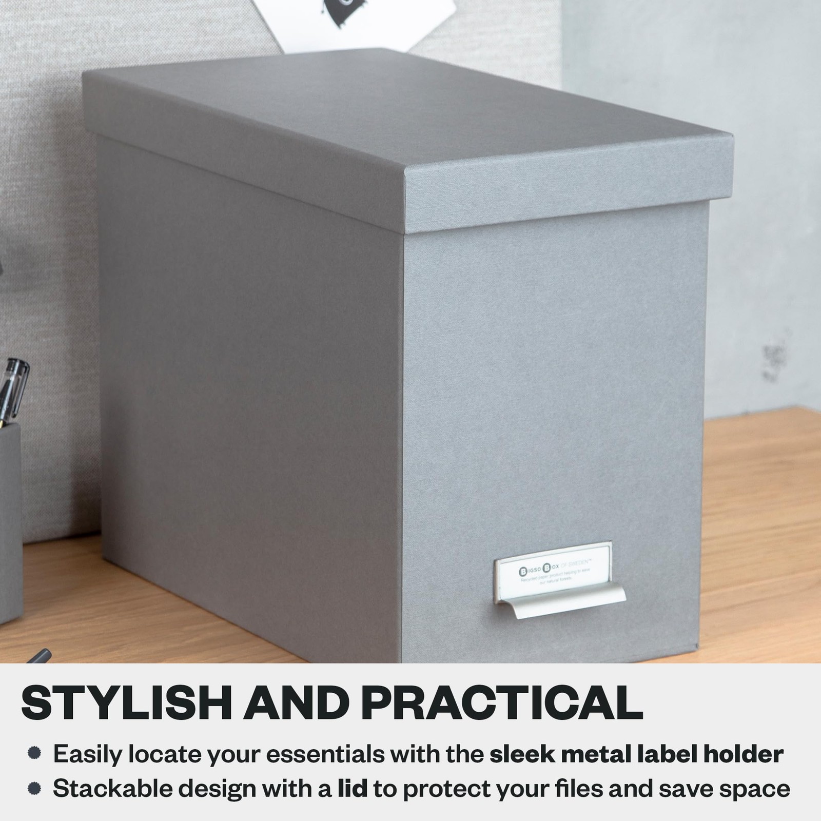 Bigso John Fiberboard Label Frame Desktop File Storage 10.2 x 7 x 13 in, Grey