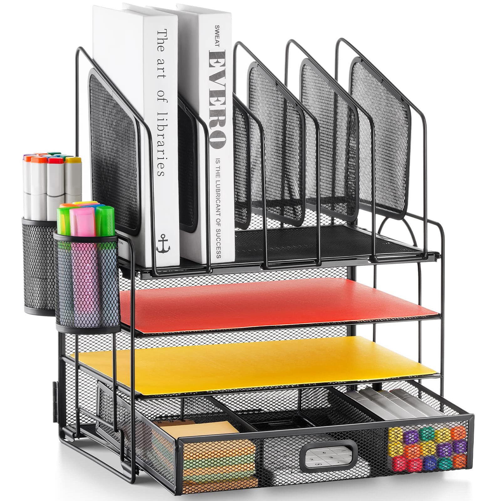 Marbrasse Desk organizer with Drawer, 4-Tier Mesh File Mesh, Black