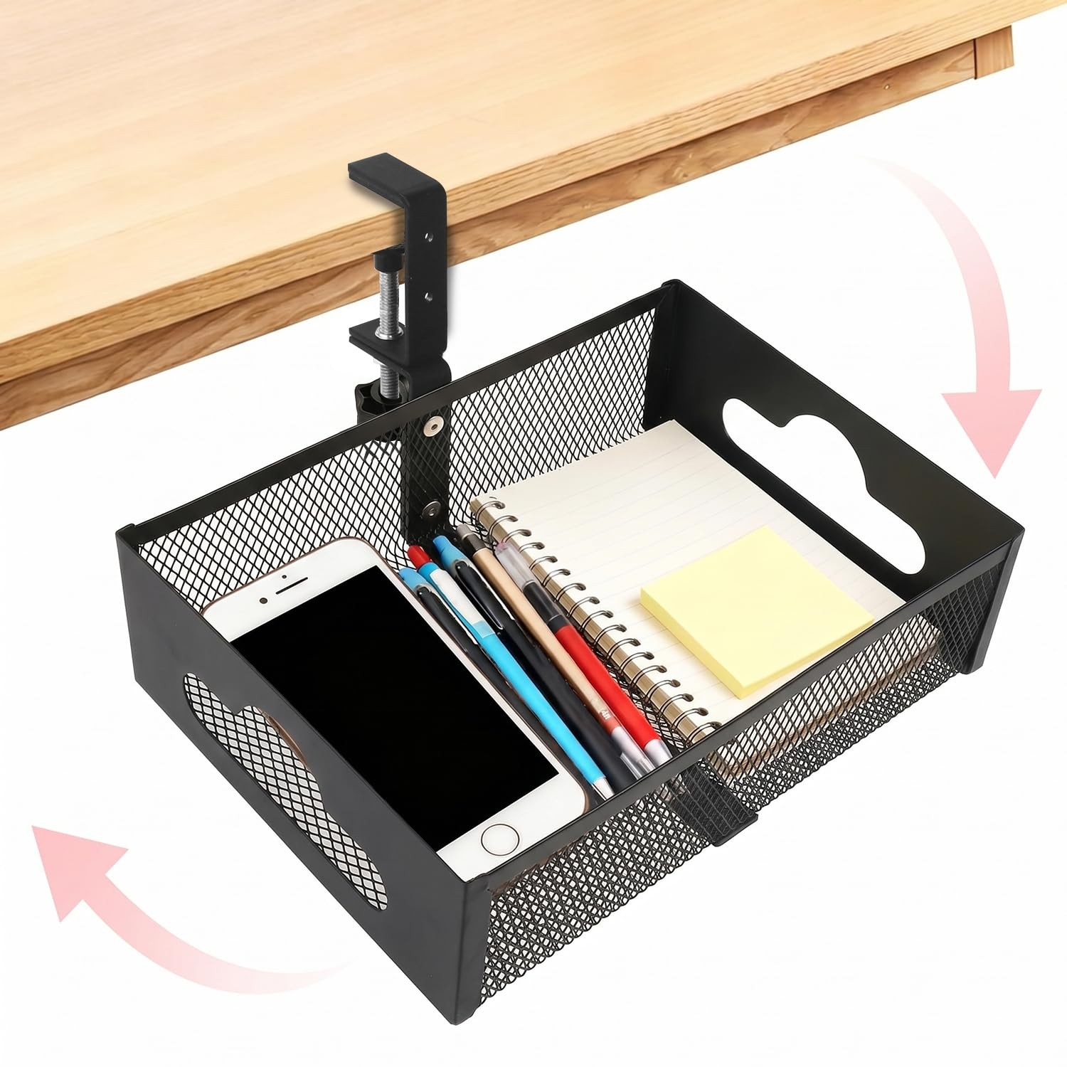 Under Desk Organizer 360° Swivel,under Desk Drawer, Clamp-On No Drill Install…