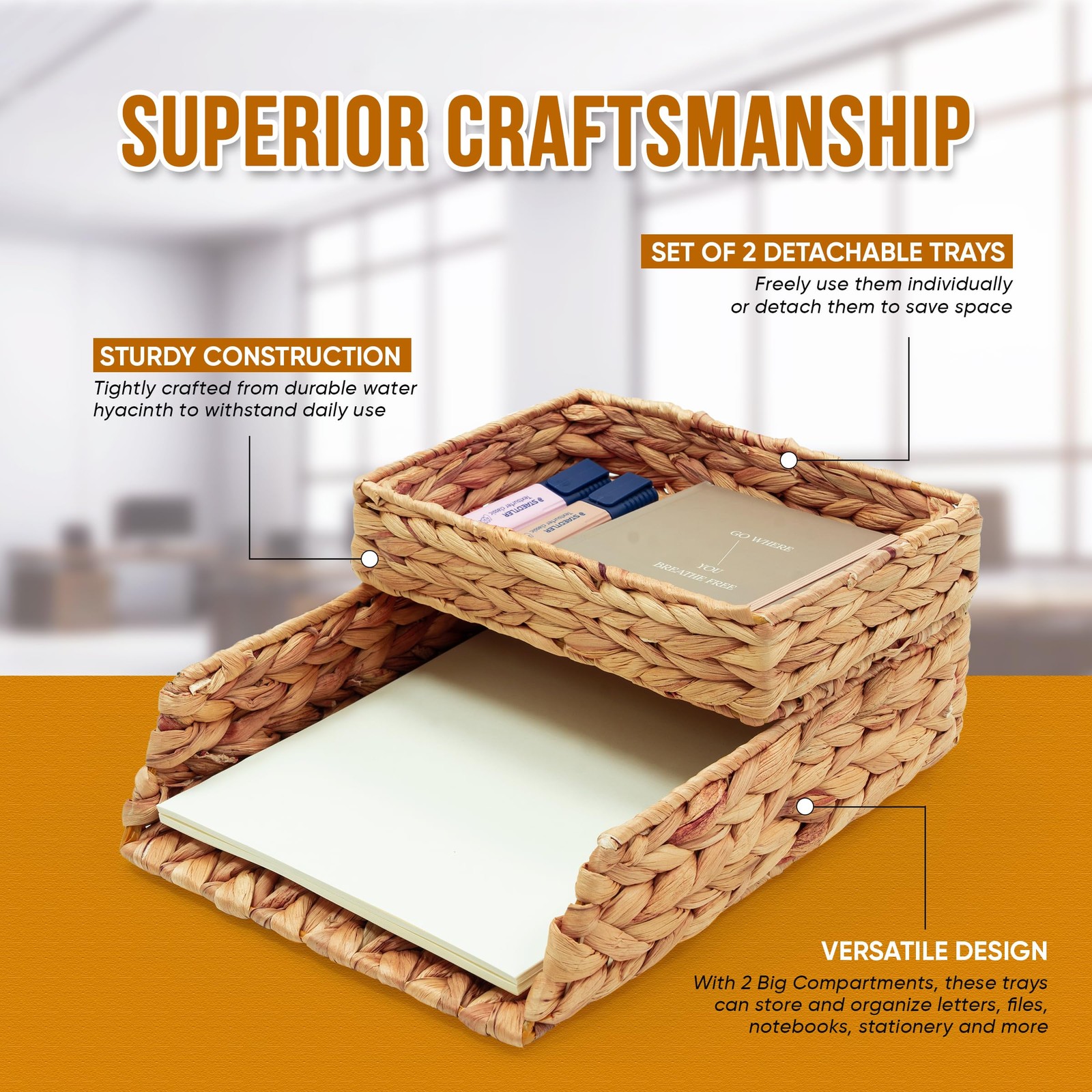 Desk Organizer Letter Tray Set of 2, Woven Water Hyacinth Tabletop Desktop fo…