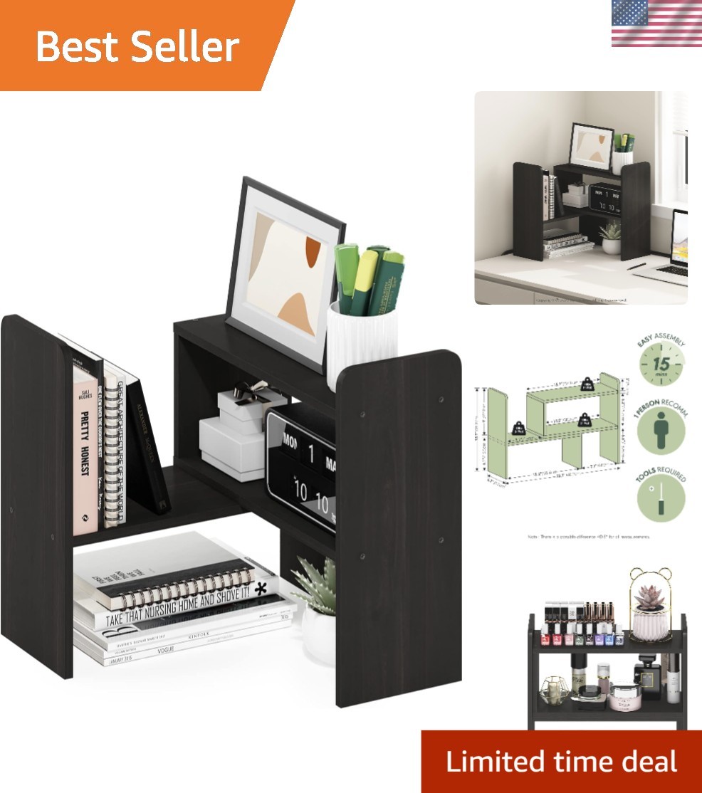 Versatile 2-Shelf Desktop Storage Organizer with Adjustable Features in Espresso