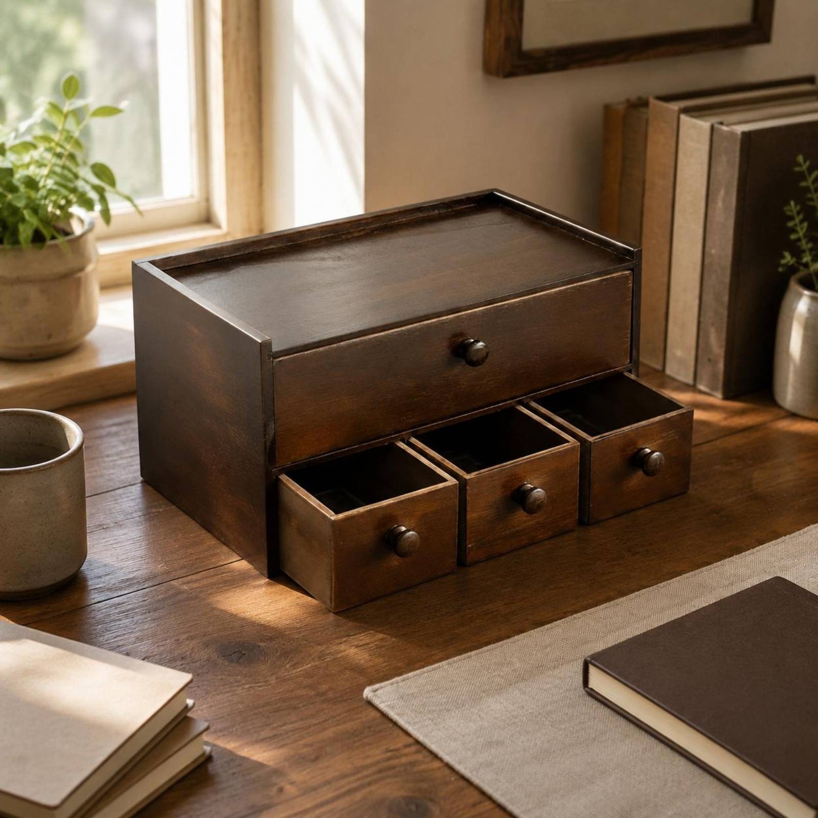 Wooden Desktop Storage Box Sturdy 4 Drawer Storage Box No Assembly Required