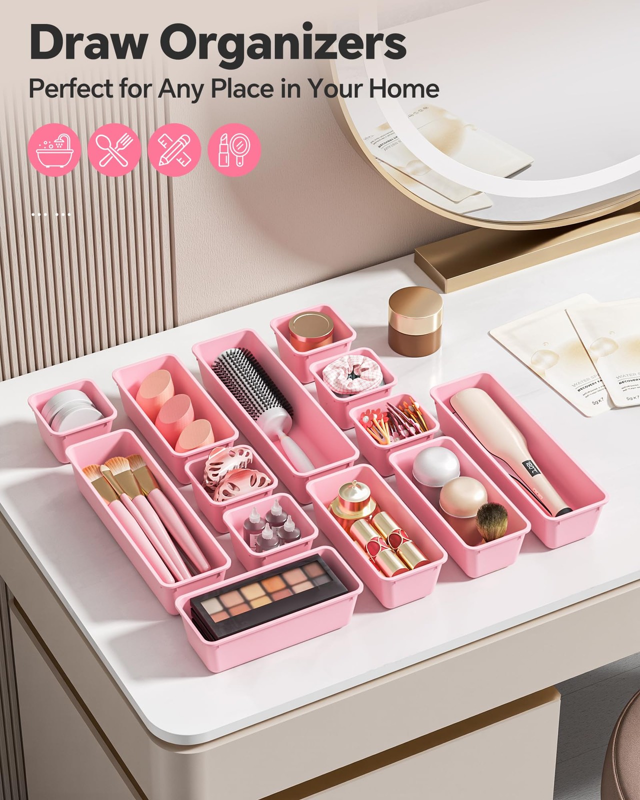 Canfanni 13 Pack Plastic Drawer Organizers Set, 3 Sizes Desk Pink