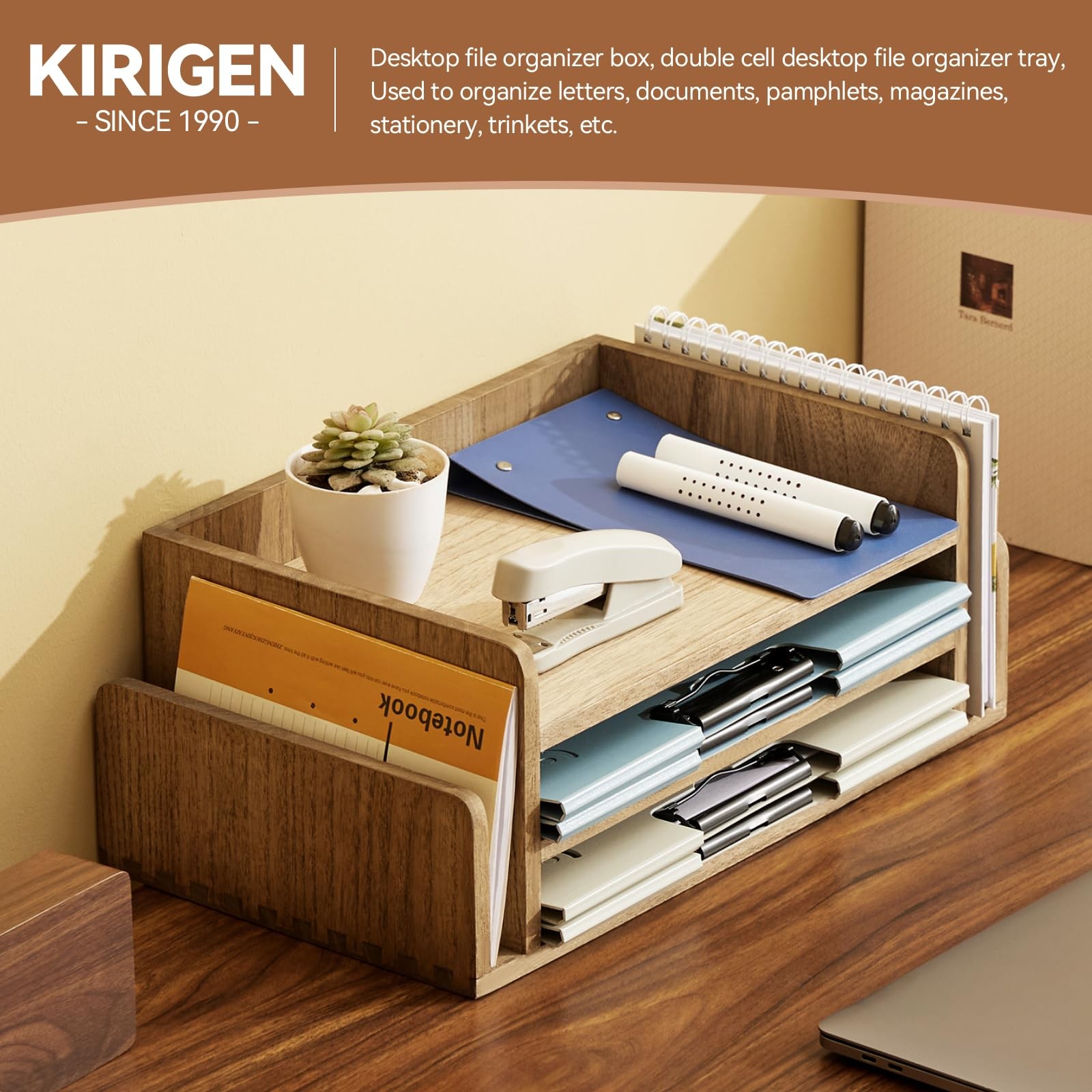 Wood Desk Organizer 5Tray Letter Mail Sorter, Dark Brown