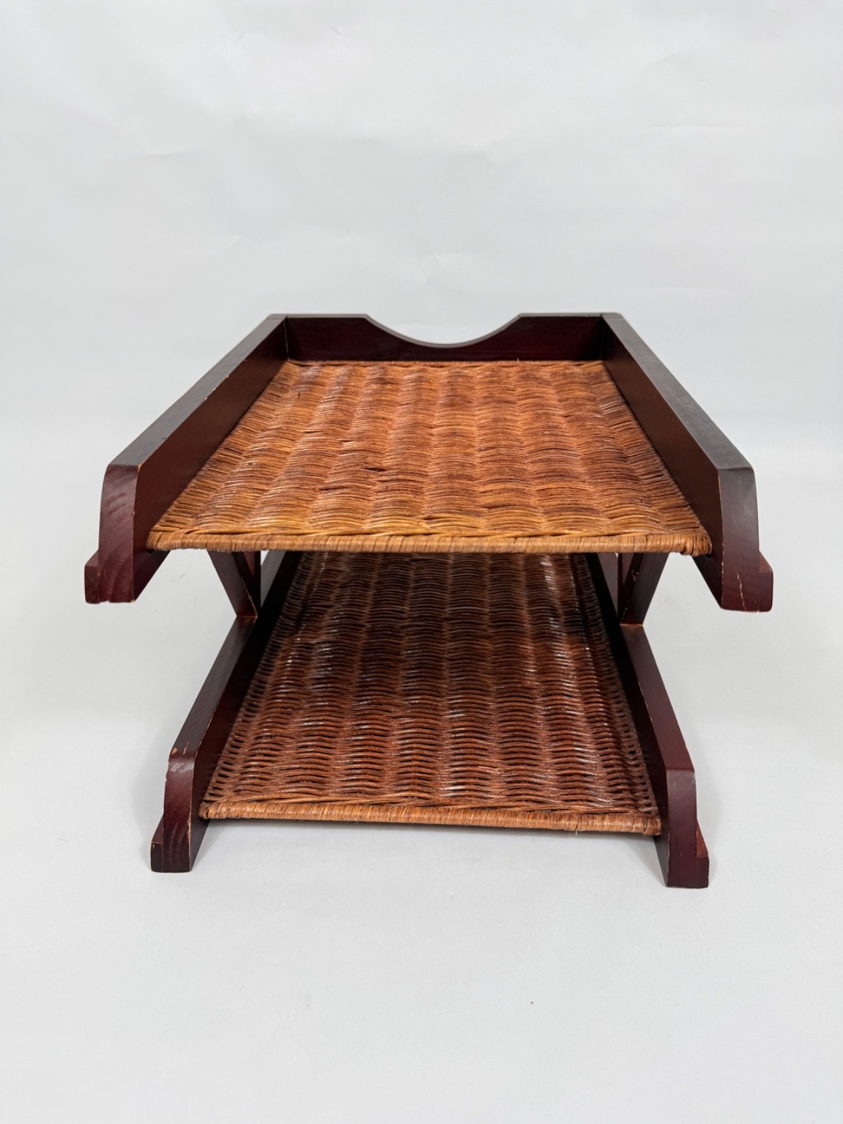 VTG Two Tier Woven Rattan Desk Letter Tray Dark Wood Desk File Organizer READ