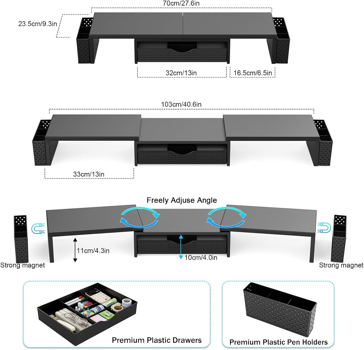 All-in-One Dual Monitor Stand Riser & Workspace Organizer – Black Metal Design