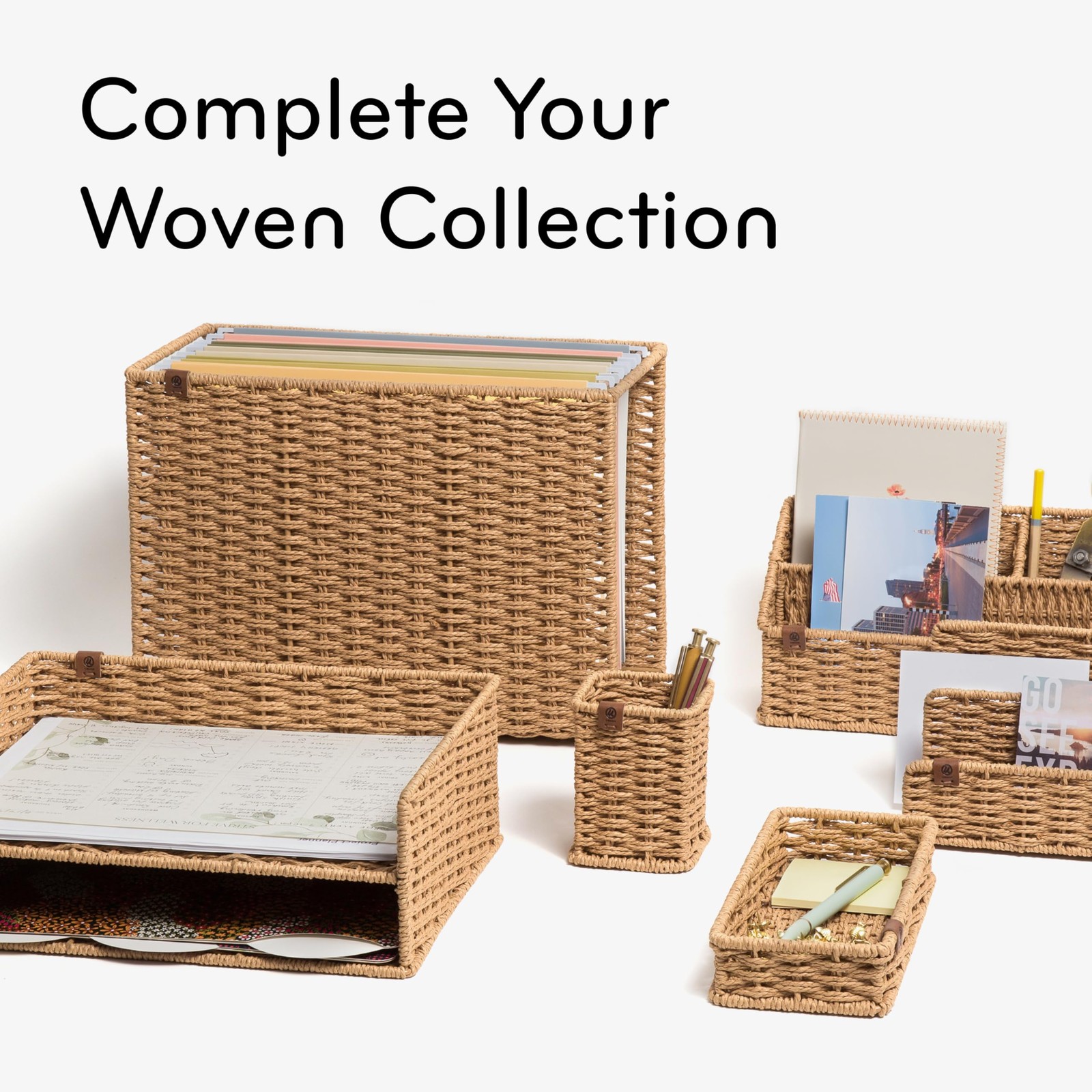 Beige Woven Letter Sorter Desk Organizer Natural Elegant Office Accessory