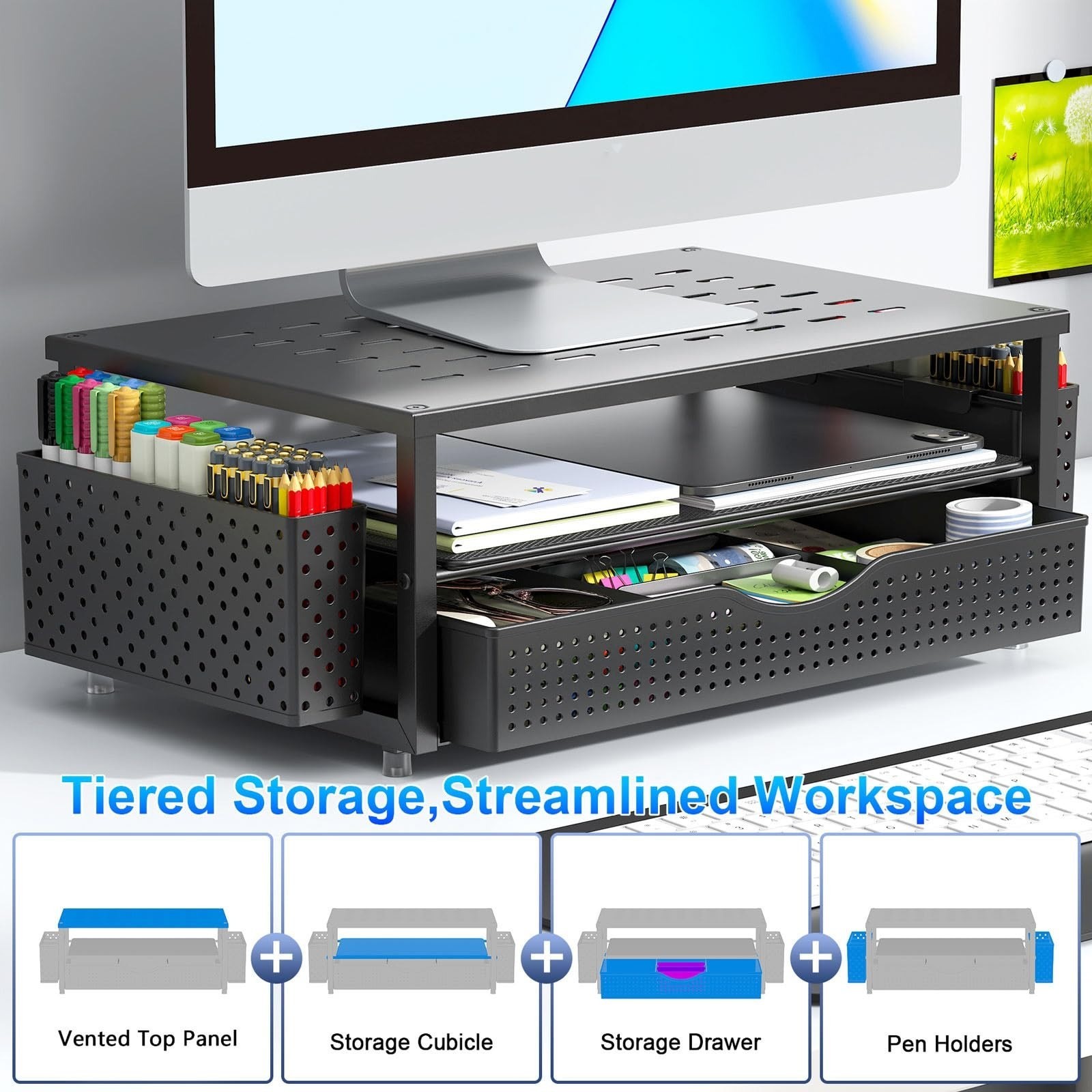 gianotter Desk Organizer with Drawer & Pen Holders – Black Monitor Stand