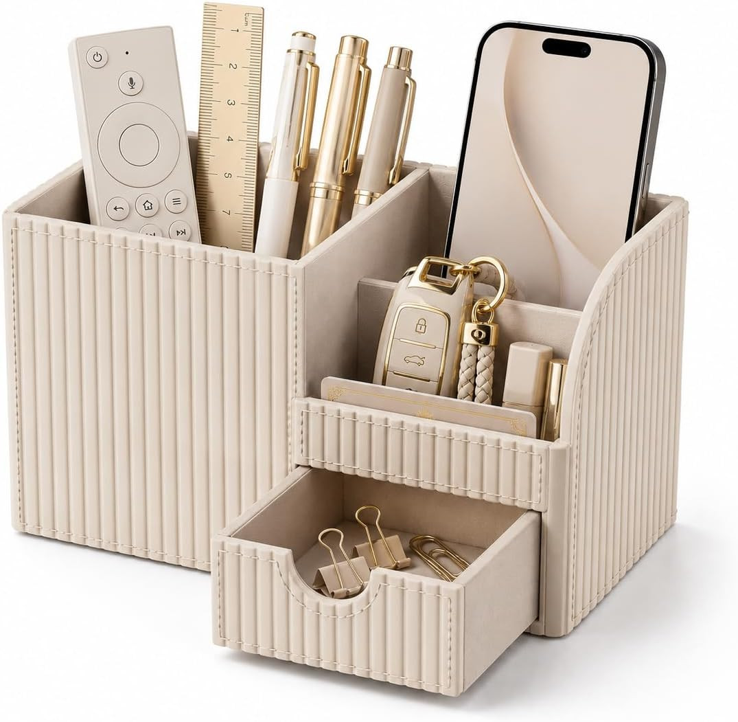 PU Leather Desk Organizer with Drawer Multi Compartment Office Storage Black Set
