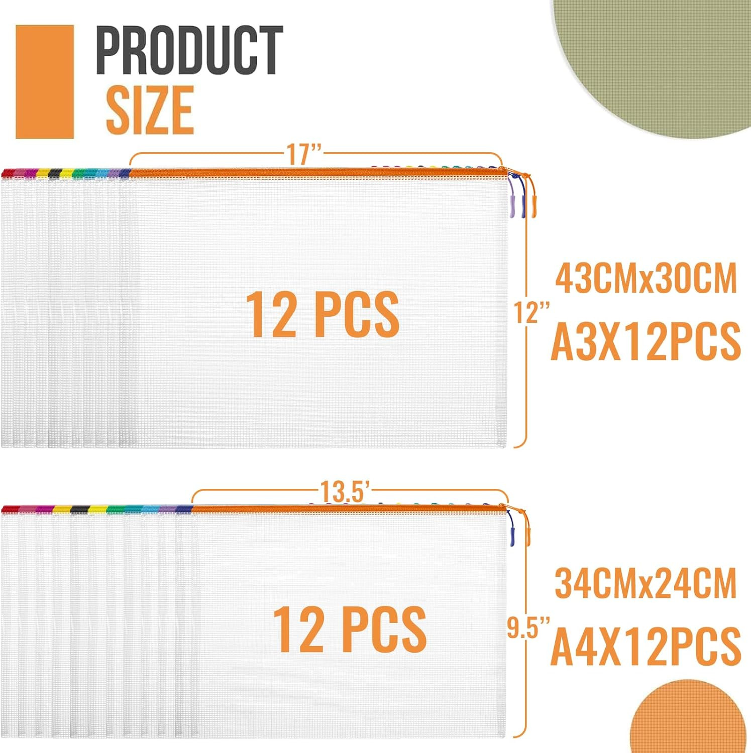 YOPCDJ 24Pcs Mesh Zipper Pouch Bags, 12 Colors Extra Large 12PCS A3 and 12Pcs