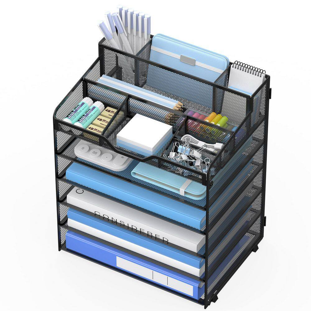 1 Pack 6-Tier Black Mesh Letter Tray Organizer with 3 Pen Holders and 5 Adjustab