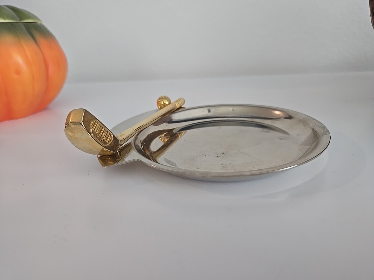 Vintage Desk Set Letter Holder Silver Brass Coin Trinket Dish Golf Bag Club Ball