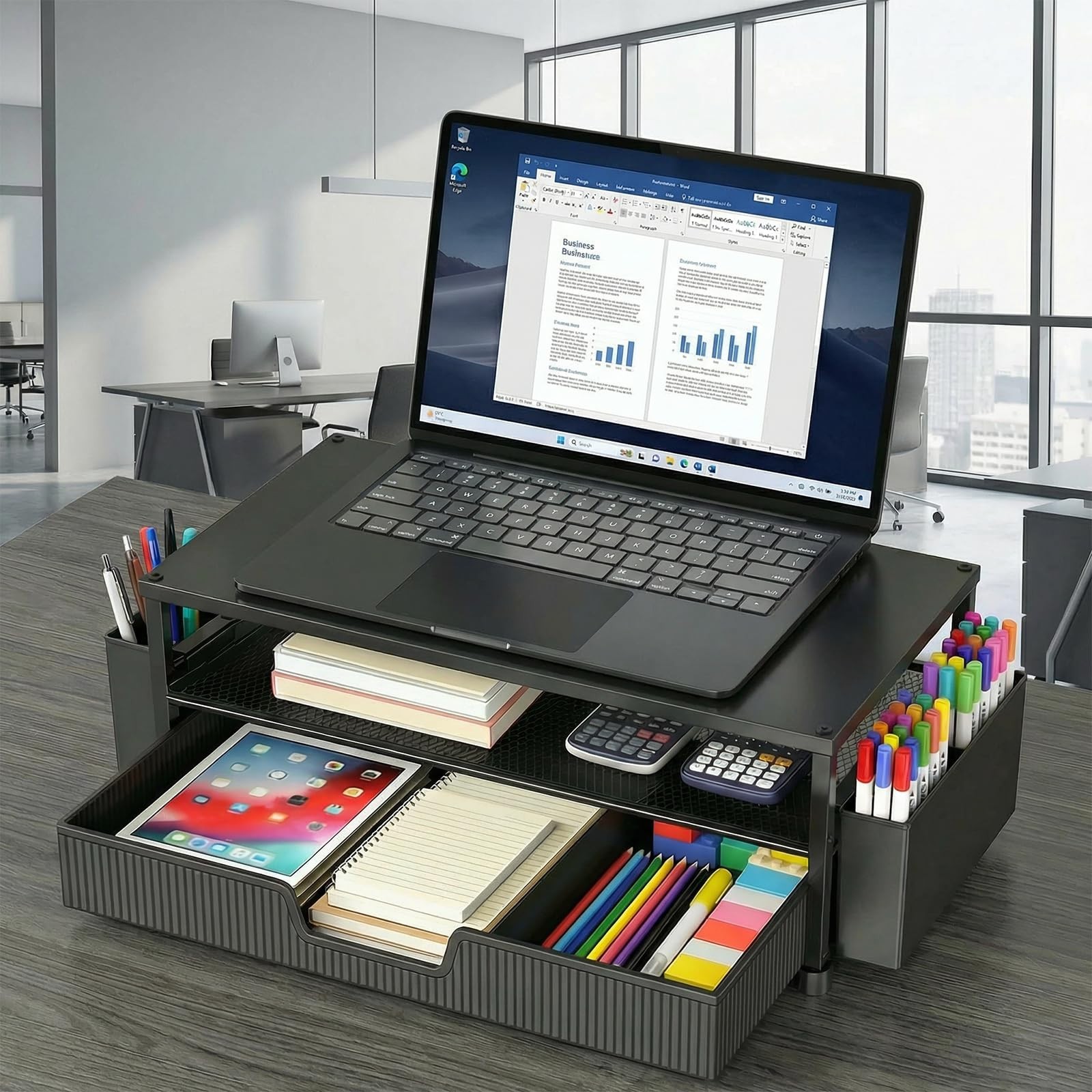 2-Tier Desk Organizer & Monitor Stand with Storage Drawer, Pen Holders – Black