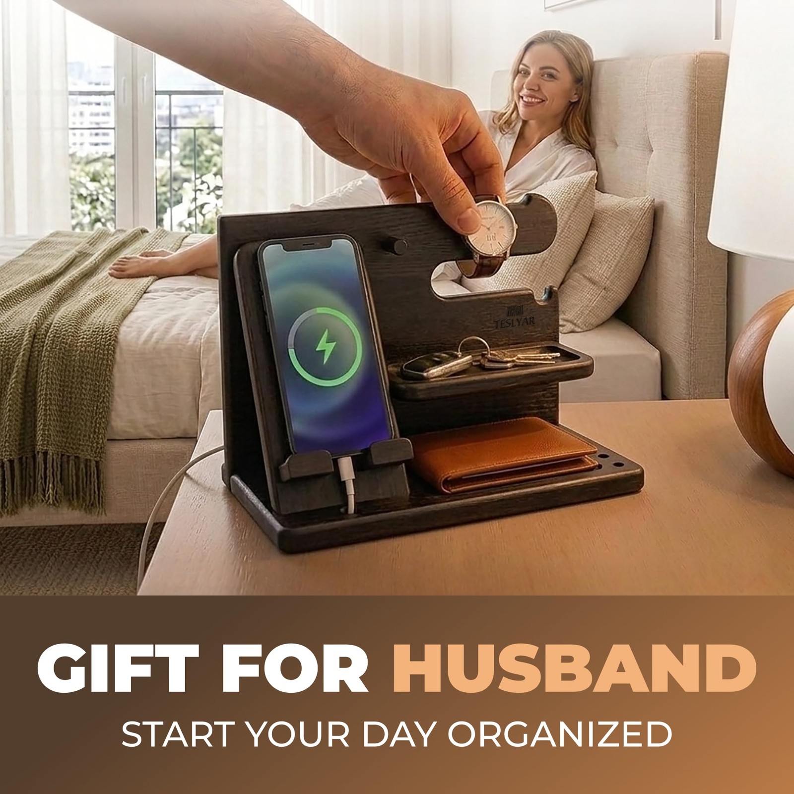 TESLYAR Wood Phone Docking Station for Men – Desk or Nightstand Bourbon Brown