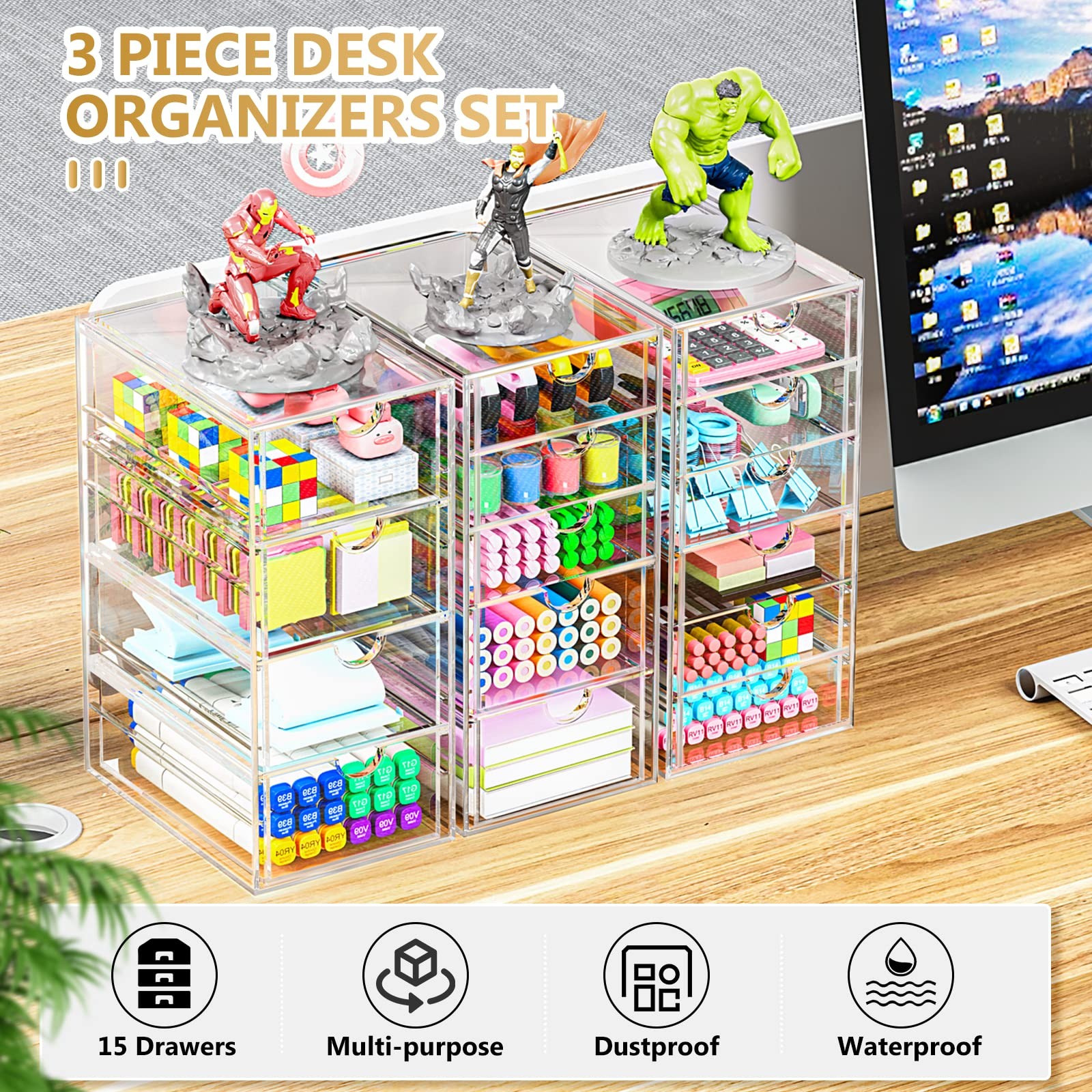 Acrylic 3 Pack Desk Organizers and Accessories, Makeup 15 Drawers, Clear