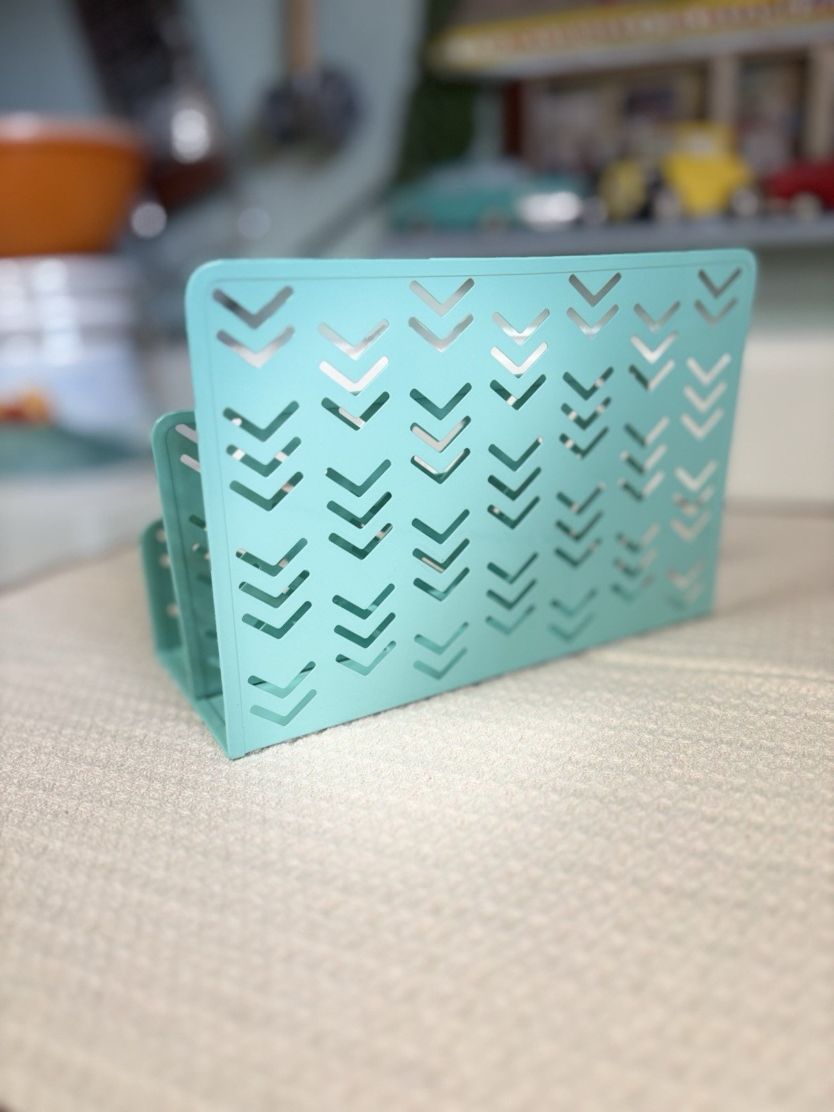 Aqua/Teal Metal Desktop Organizer 3-Slot Letter Mail Paper Holder Chevron