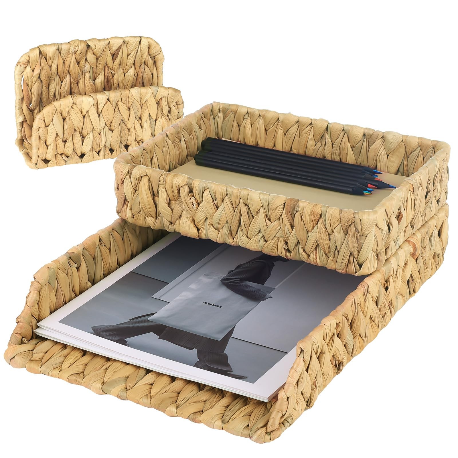 Woven Desk Organizer Letter Tray Set of 3, Water Hyacinth Baskets for Organiz…