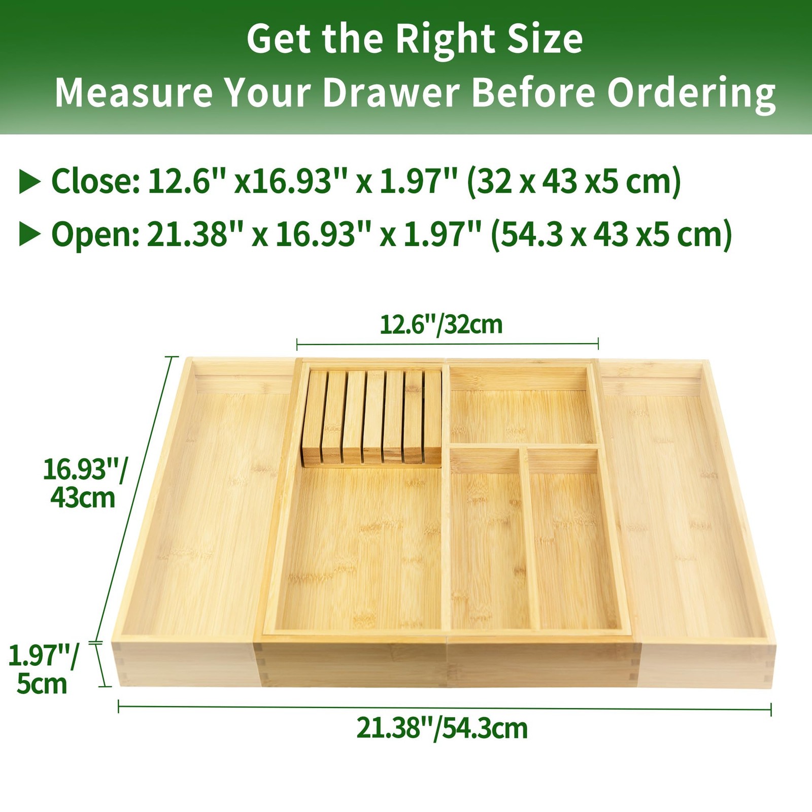 VaeFae Bamboo Silverware Drawer Organizer Kitchen, Expandable 6 Slot, Natural