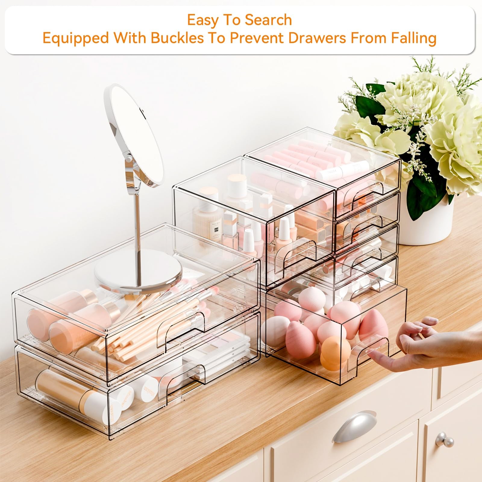 Yieach 8 Pack Clear Stackable Storage Drawers,Acrylic Drawer Large,