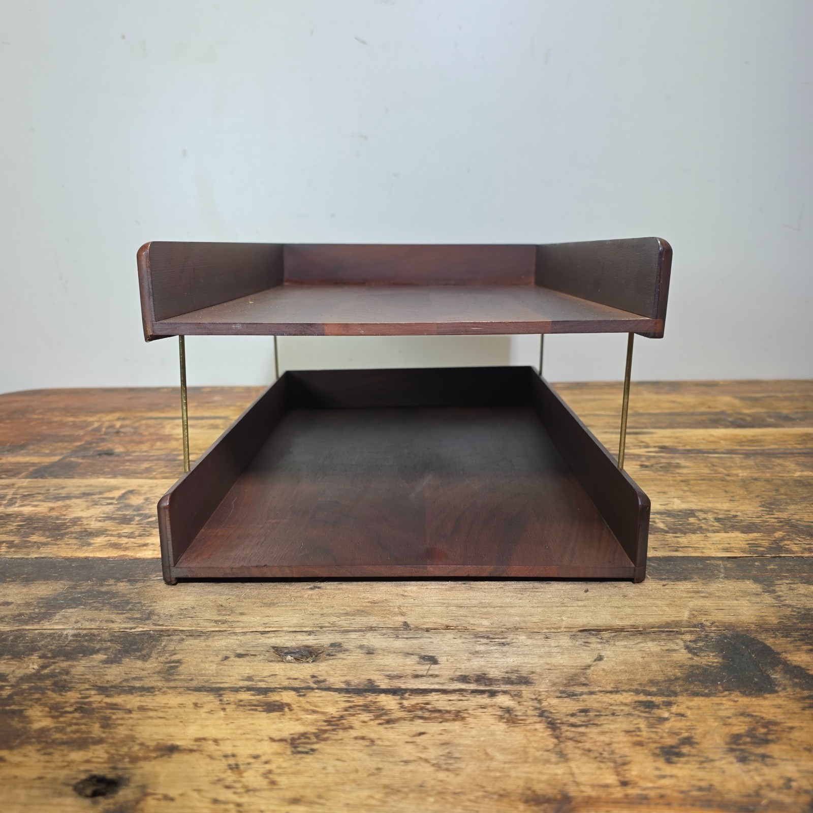 Vintage Carver Wood Products Desk Letter Tray 2 Tier Cherry Oak MCM Damage USA