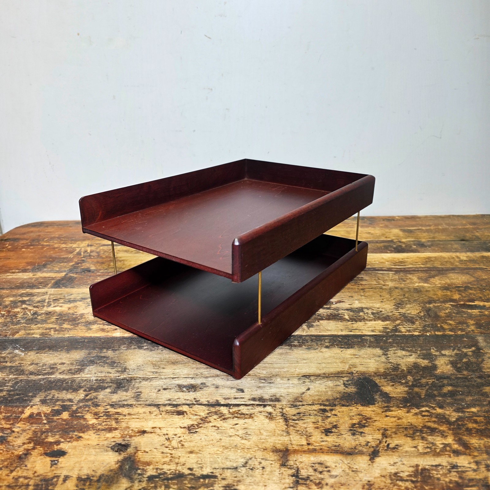 Vintage Carver Wood Products Desk Letter Tray 2 Tier Cherry Oak MCM Damage USA
