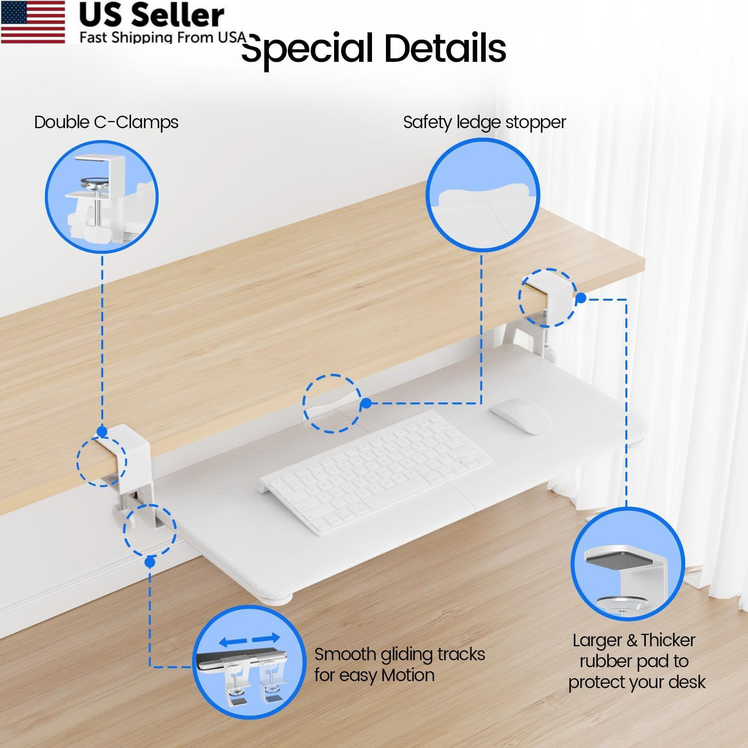NearHub Large Keyboard Tray Under Desk Slide Out with Extra Sturdy C White