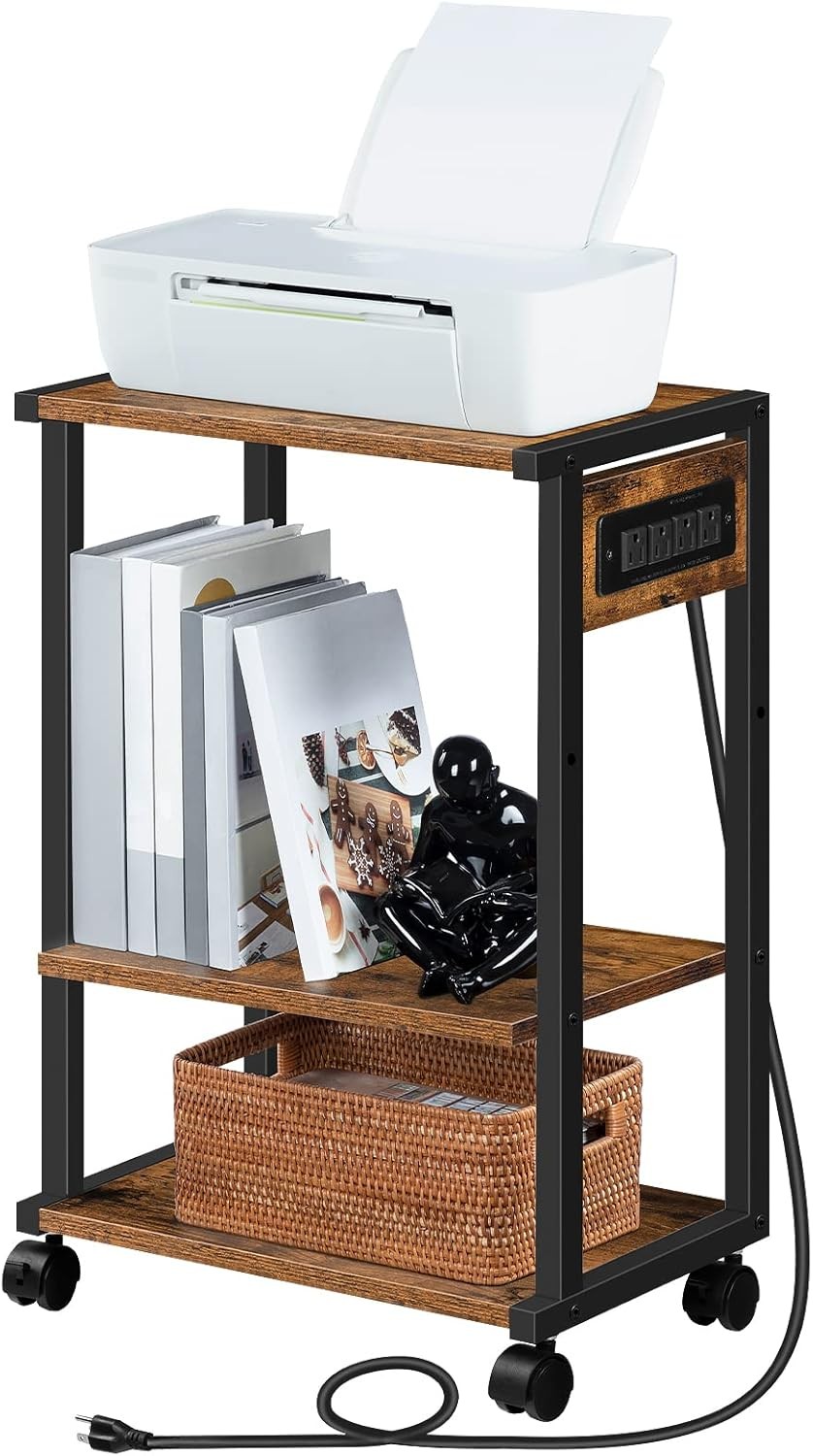 HOOBRO Industrial Printer Stand with Charging Station, Rustic Brown + Black