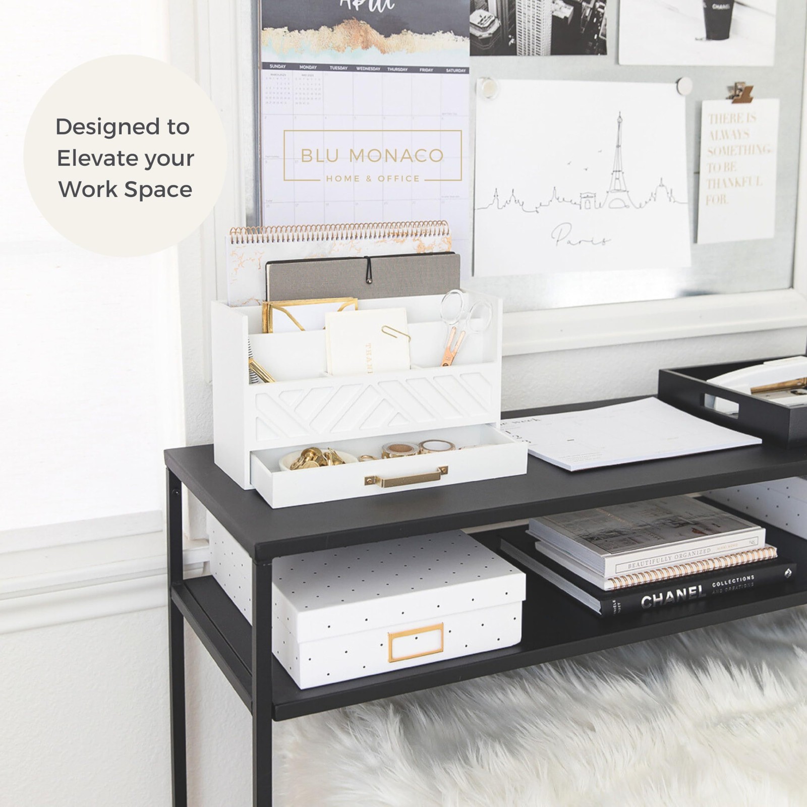 BLU MONACO | White Wooden Desk Organizer & Mail Organizer with Drawer & Gold …