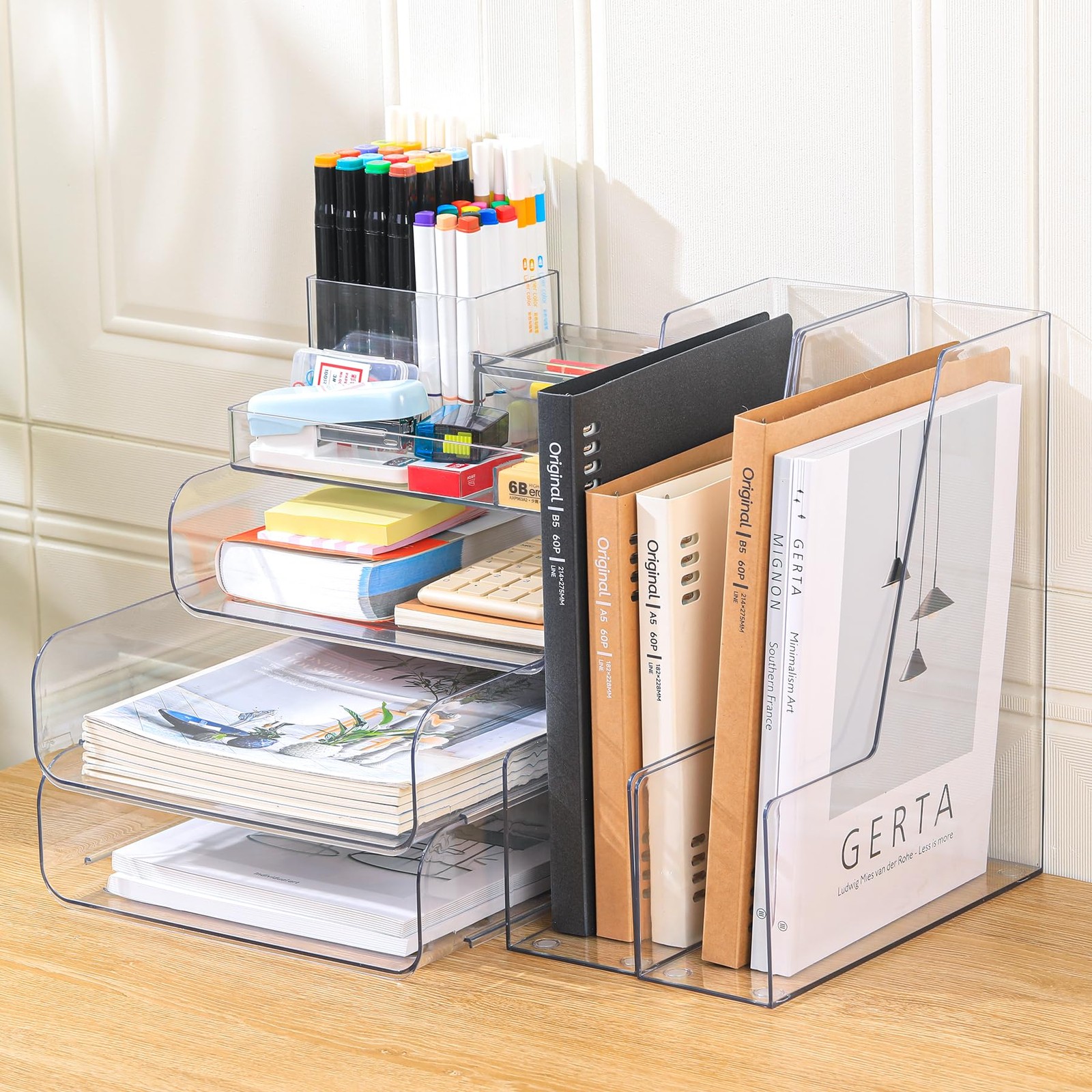 CiWiVOKi Desk Organizer with 2 Vertical File Holder, 4 Tier 6 pc, Clear