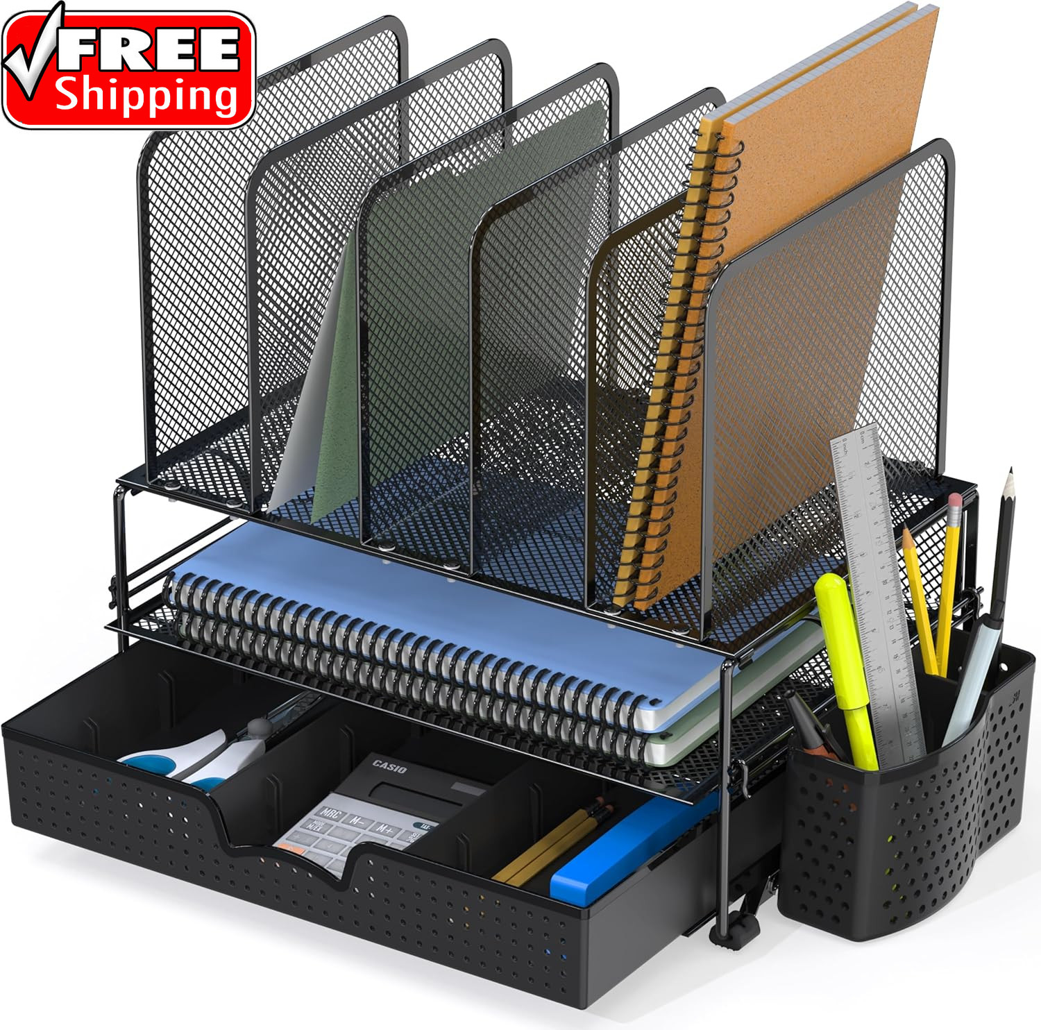 Mesh Desk Organizer with Sliding Drawer, Double Tray and 5 Upright Sections, Bla
