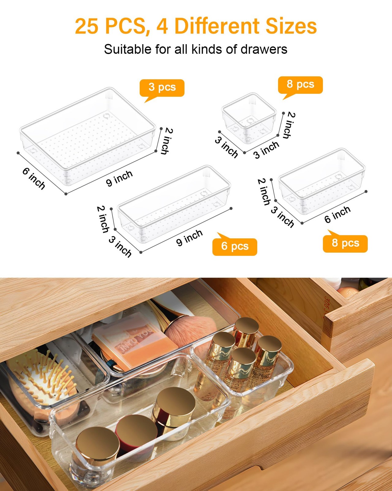LUSCREAL 25 PCS Clear Plastic Drawer Organizers and Dividers, 4 S, 25PCS