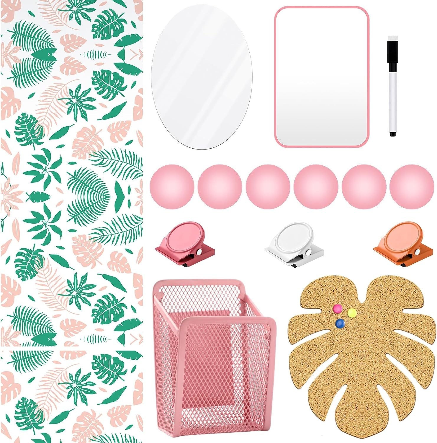 School Locker Organizer Set with Palm Leaf Wallpaper and Magnetic Accessories