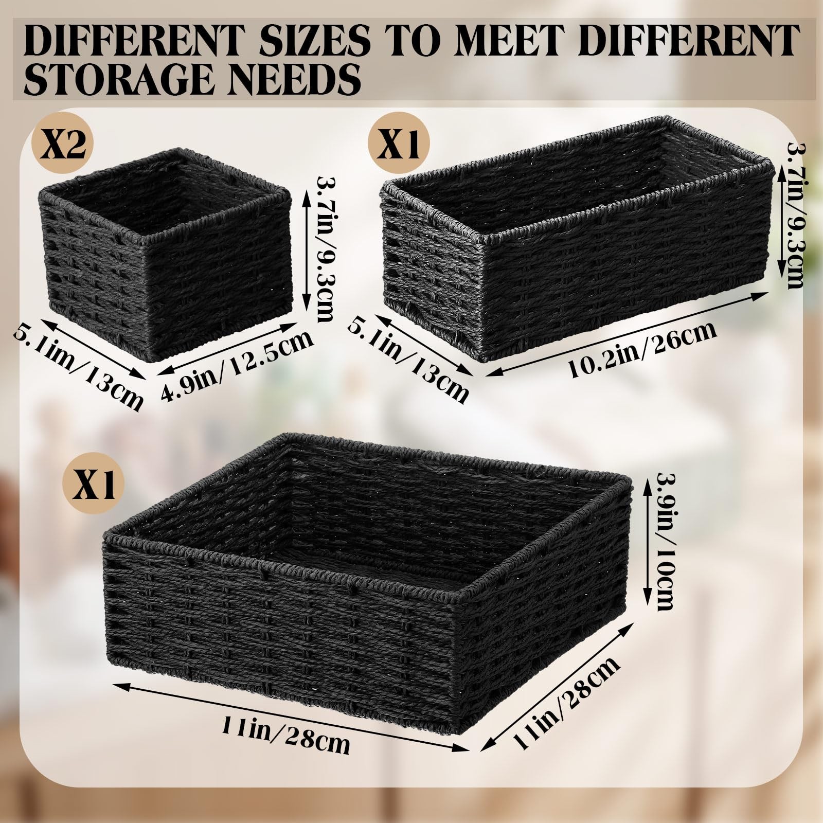 4 PCS Black Storage Baskets Rustic Paper Rope Woven Bin Decor 3 Sizes Set Home