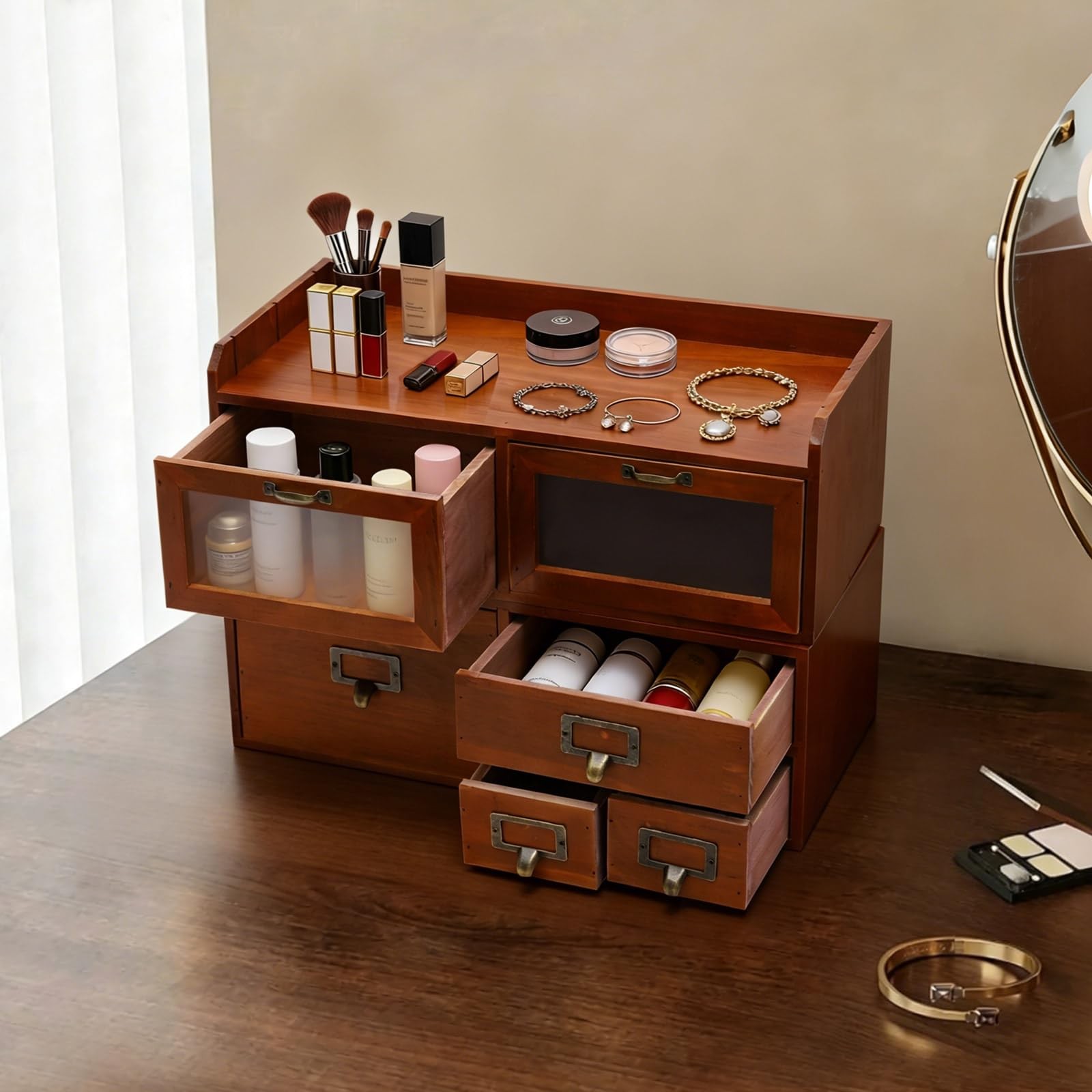 6-Drawer Pine Desk Organizer Acrylic Door & Top Shelf Office Bedroom Dorm