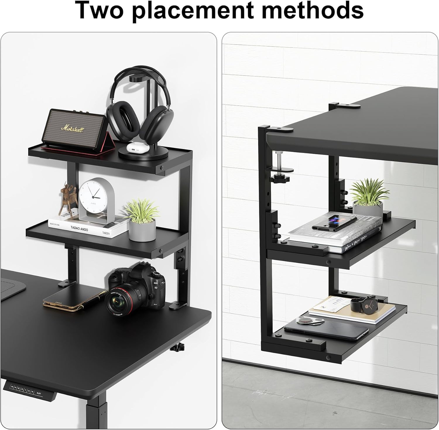 Clamp on Desk Shelf, 2 Tier Office Desk Shelves Organizer, Wood Desktop Supplies