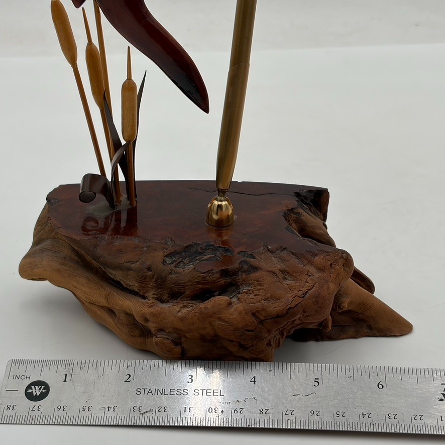 VTG Burl Wood Cattail Bird Desk Organizer Box Brass Pen Holder Mid Century MCM