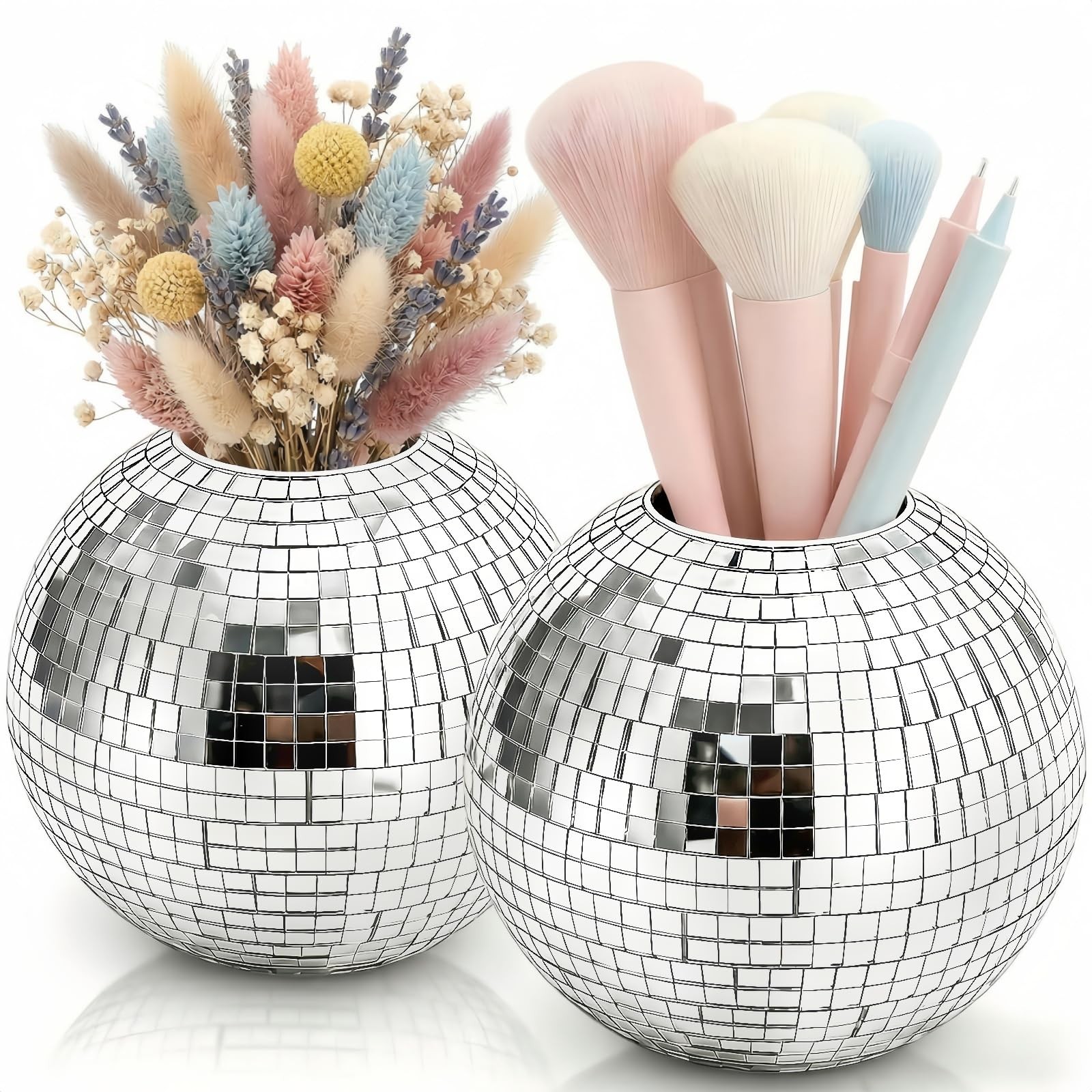 2 Pack Silver Disco Pen Holder for Desk, Cute Makeup Brush Holder Organizer, …