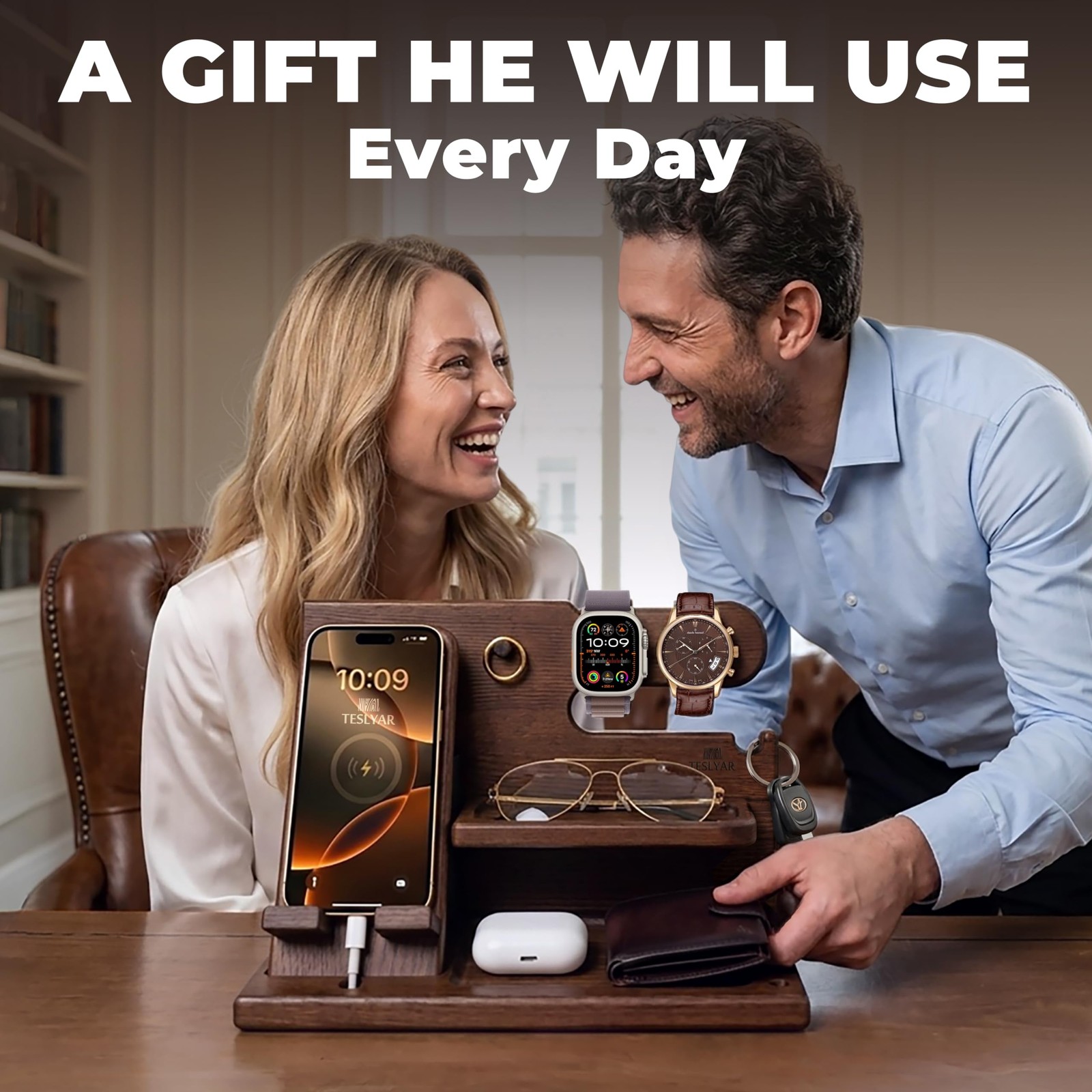 TESLYAR Wood Phone Docking Station for Men – Desk or Nightstand Bourbon Brown