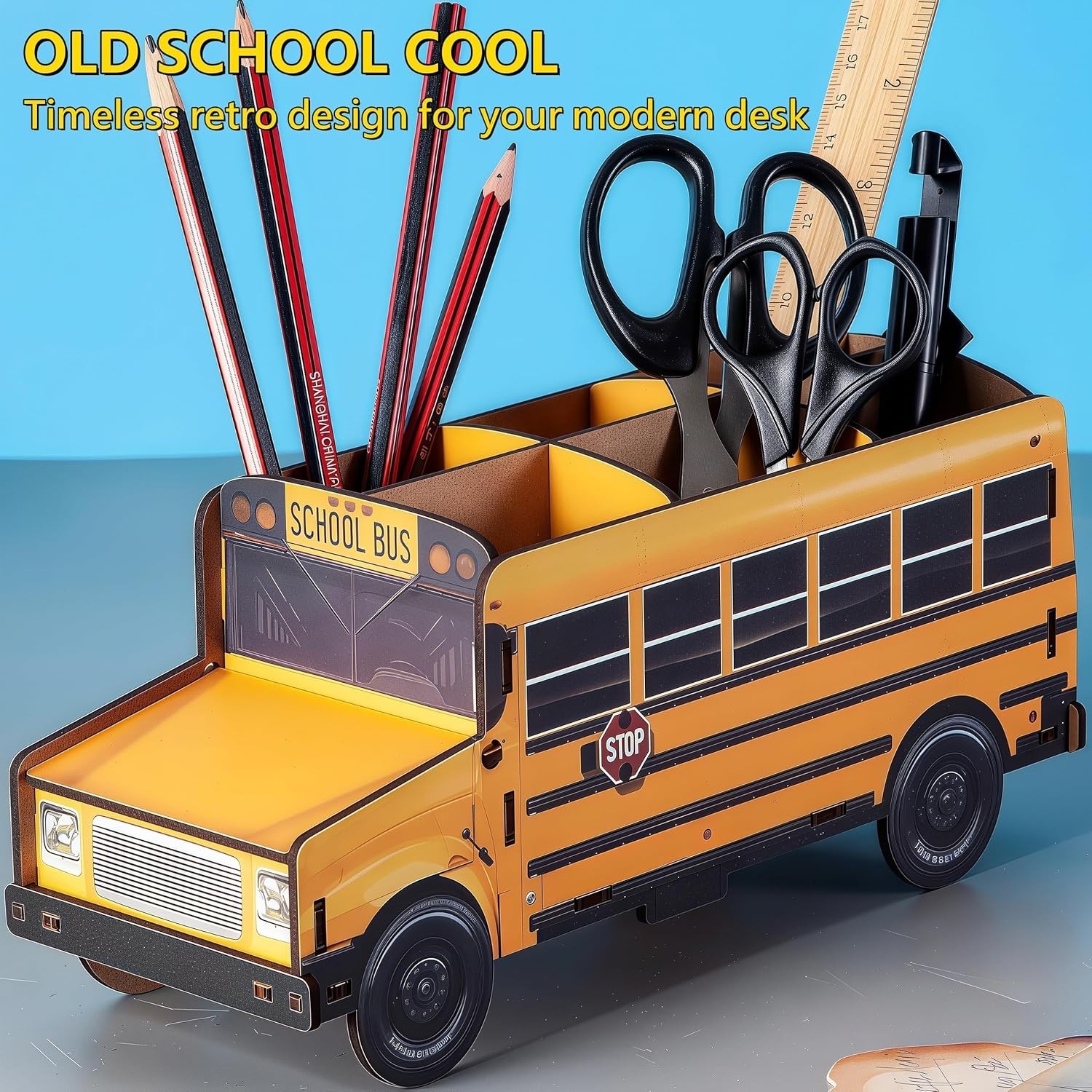 Cute Wooden School Bus Desk Decor & Pencil Holder – Retro Yellow Vehicle ….