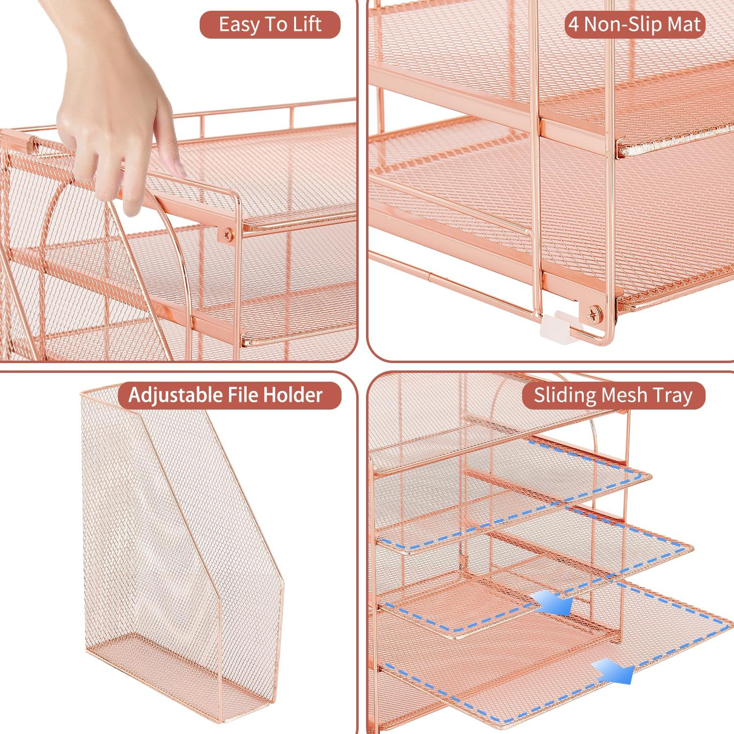 Rose Gold Desk Accessories Organizer,5-Tier Desktop Paper File Organizer with Ad