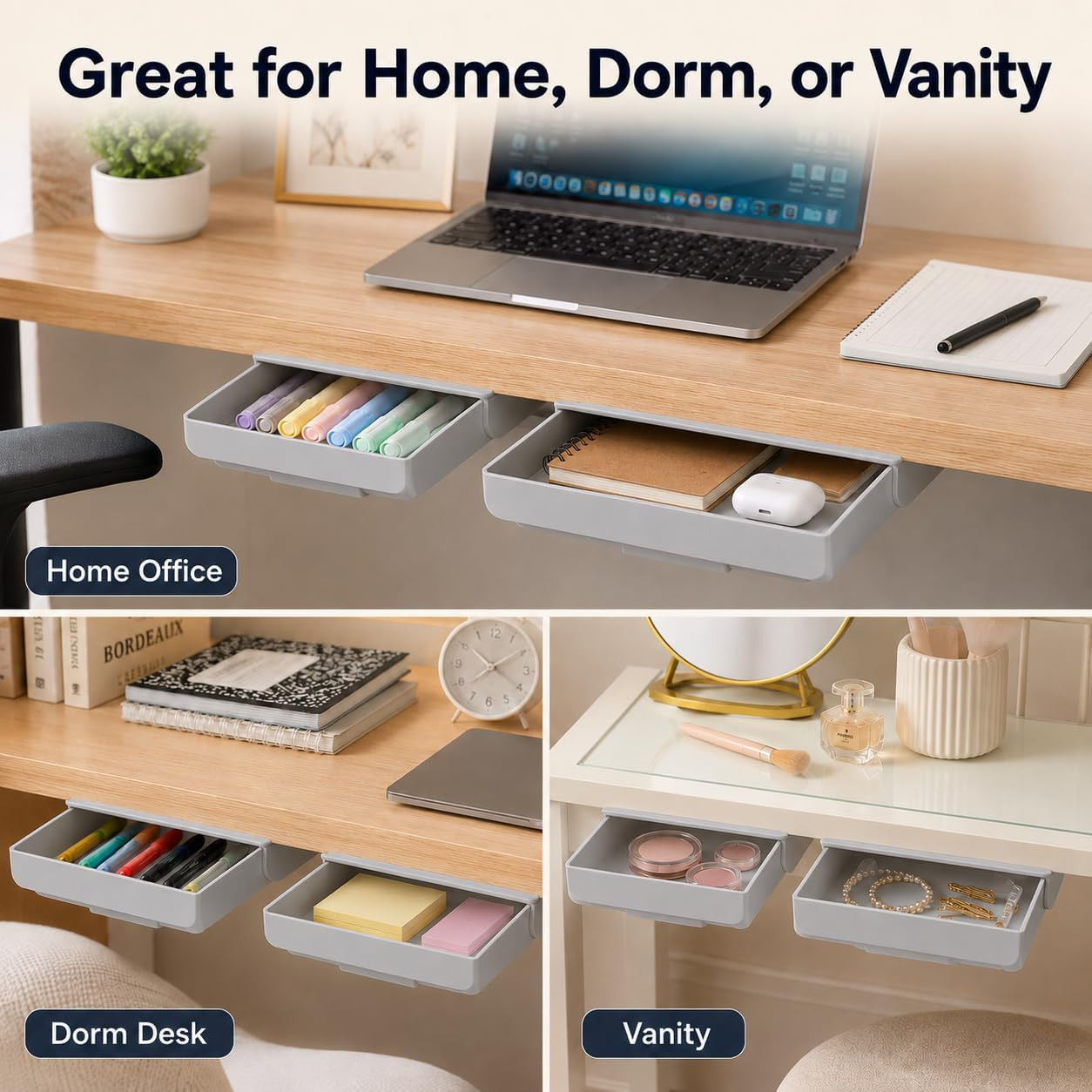 YOOUSOO Under Desk Drawer Organizer, 2 Pack Self Adhesive Slide Out Desk Storage