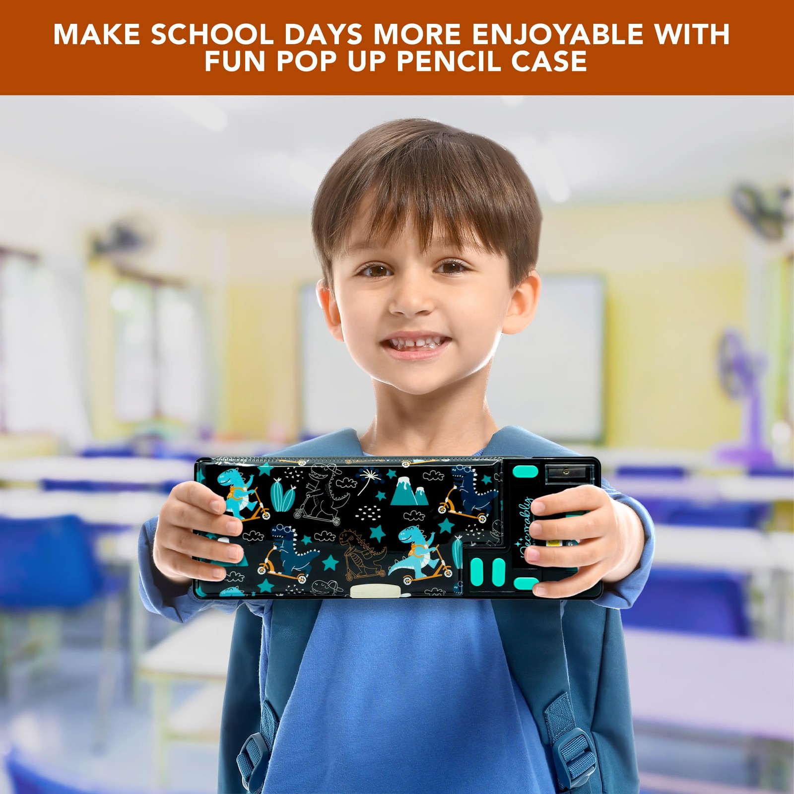 Pop Up Multifunction Dinosaur Pencil Case with Calculator for Boys, with Shar…