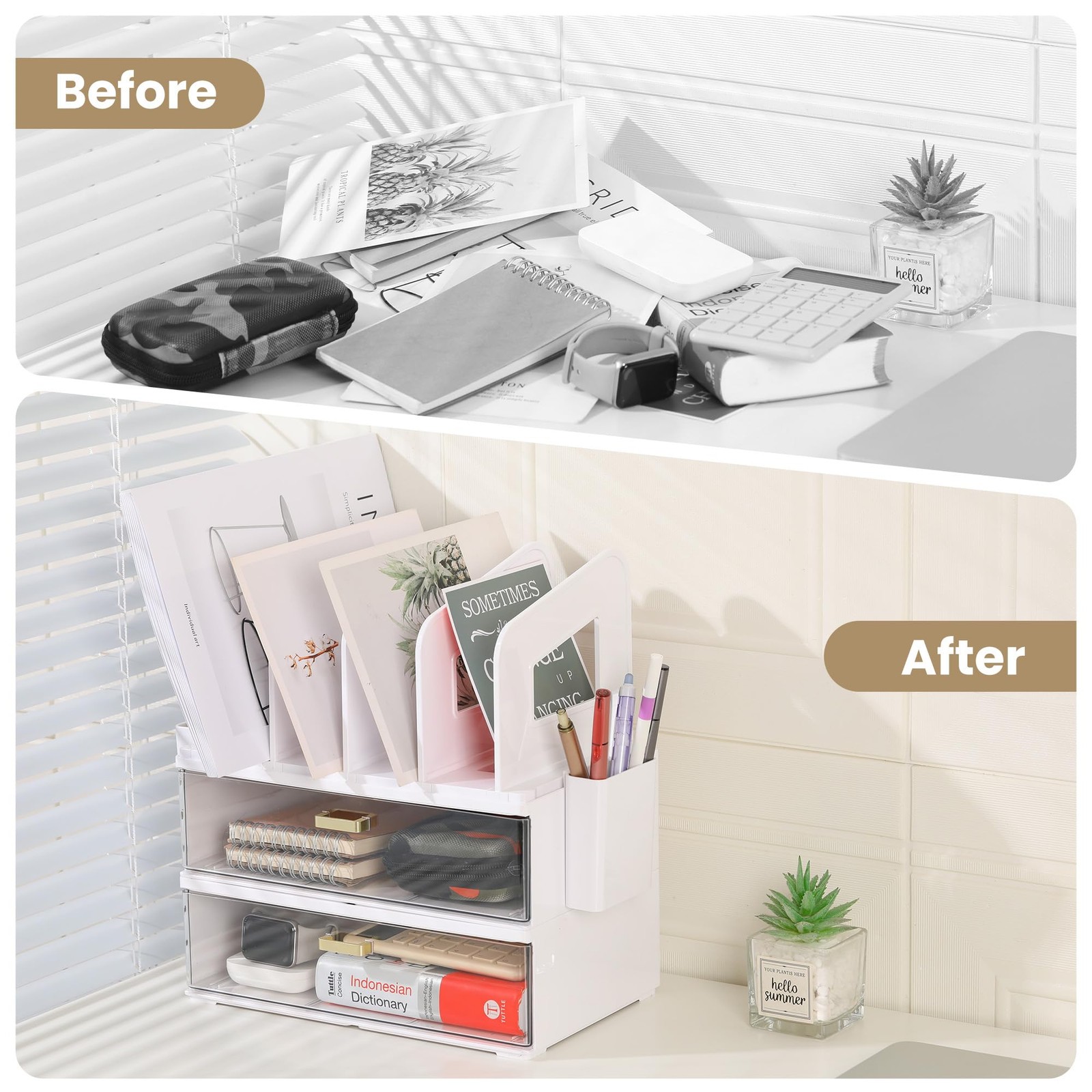 LALOBLUE Acrylic Desk Organizer with Drawer and Vertical File 2 Layer, White