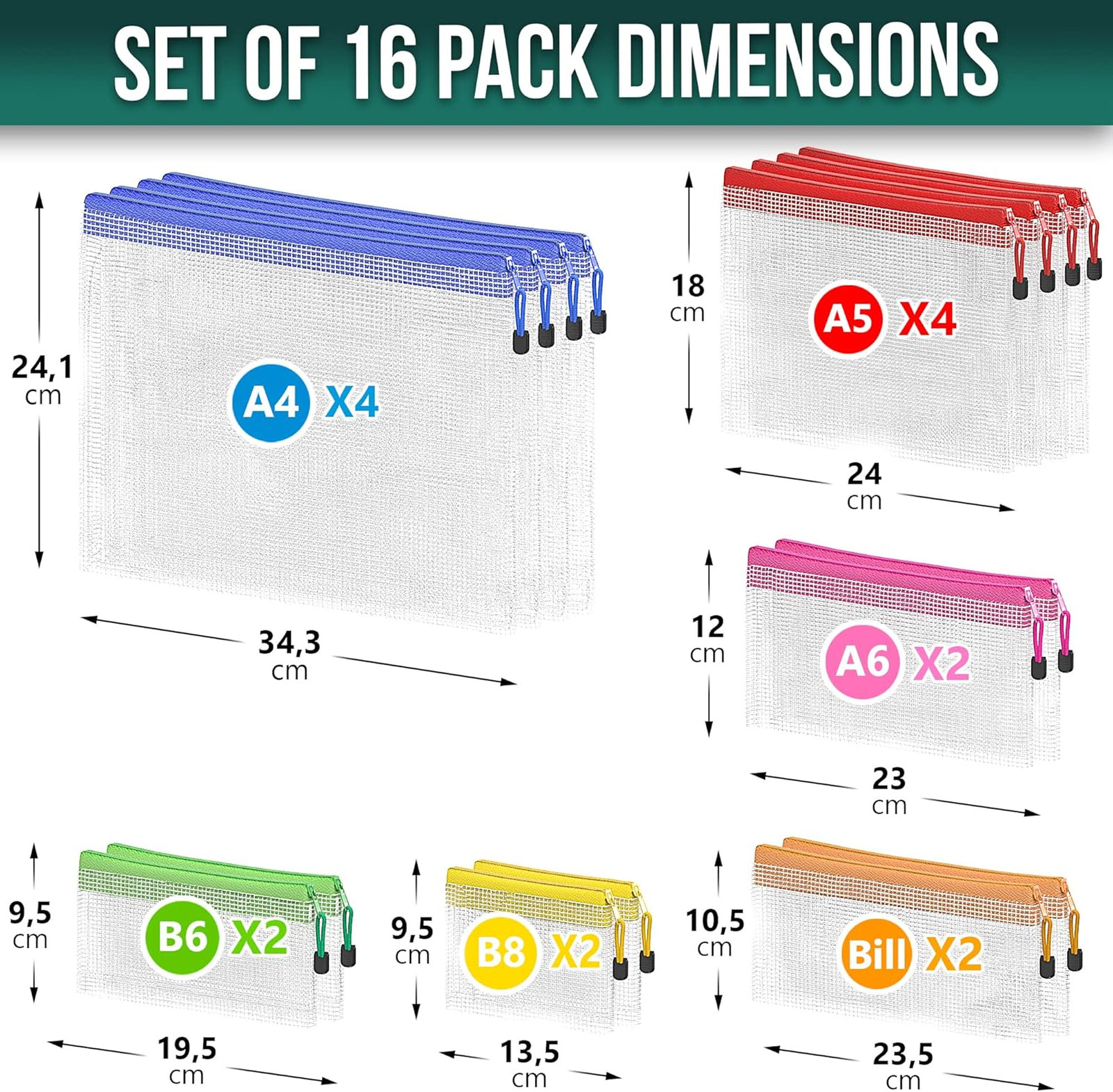 Plastic Mesh Zipper Pouches Set, Assorted Sizes, Waterproof PVC Organizer Bags